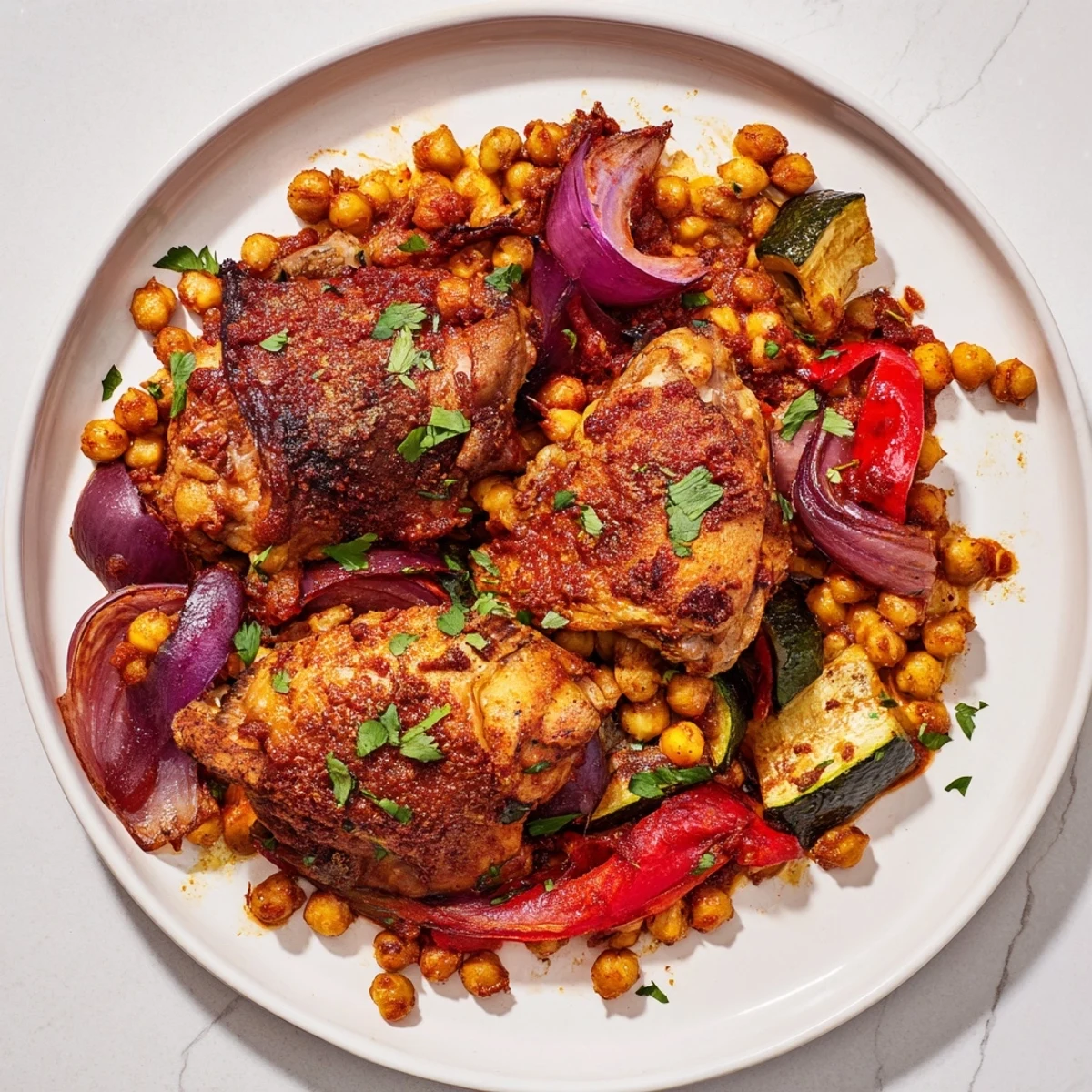 Flavorful Sheet Pan Harissa Chicken featuring juicy chicken thighs, vibrant veggies, and smoky spices, delicious.
