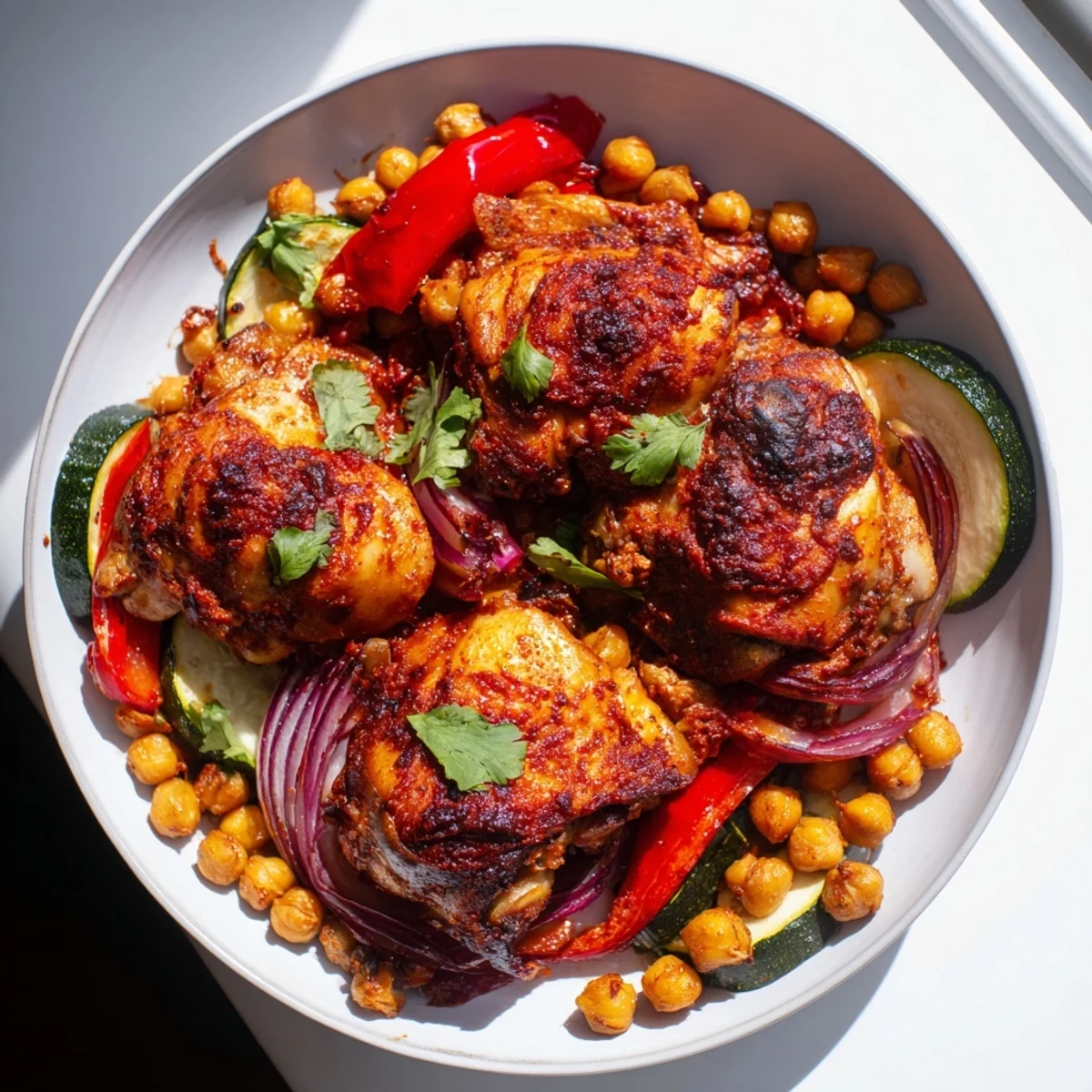 Tender Sheet Pan Harissa Chicken, golden-brown skin, and roasted vegetables ready to serve with lemon.