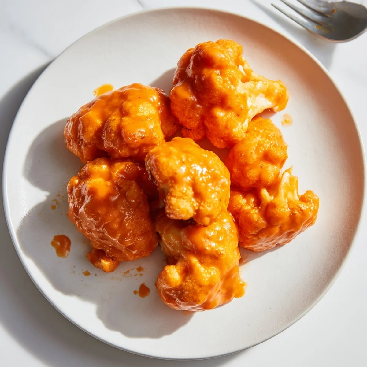 Golden, air fryer Buffalo Cauliflower Wings, crispy and coated in a vibrant, spicy buffalo sauce.