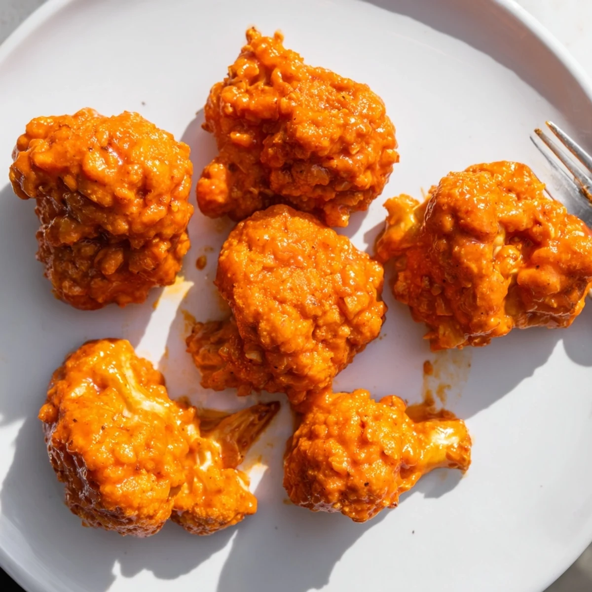 A close-up of crispy Air Fryer Buffalo Cauliflower Wings ready to enjoy with veggie sticks.