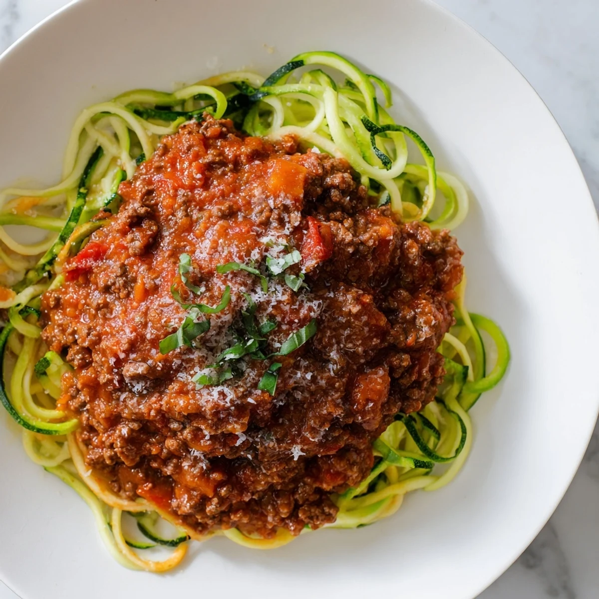 Hearty beef Bolognese over zucchini noodles, aroma of herbs, with fresh basil garnish, ready to eat.