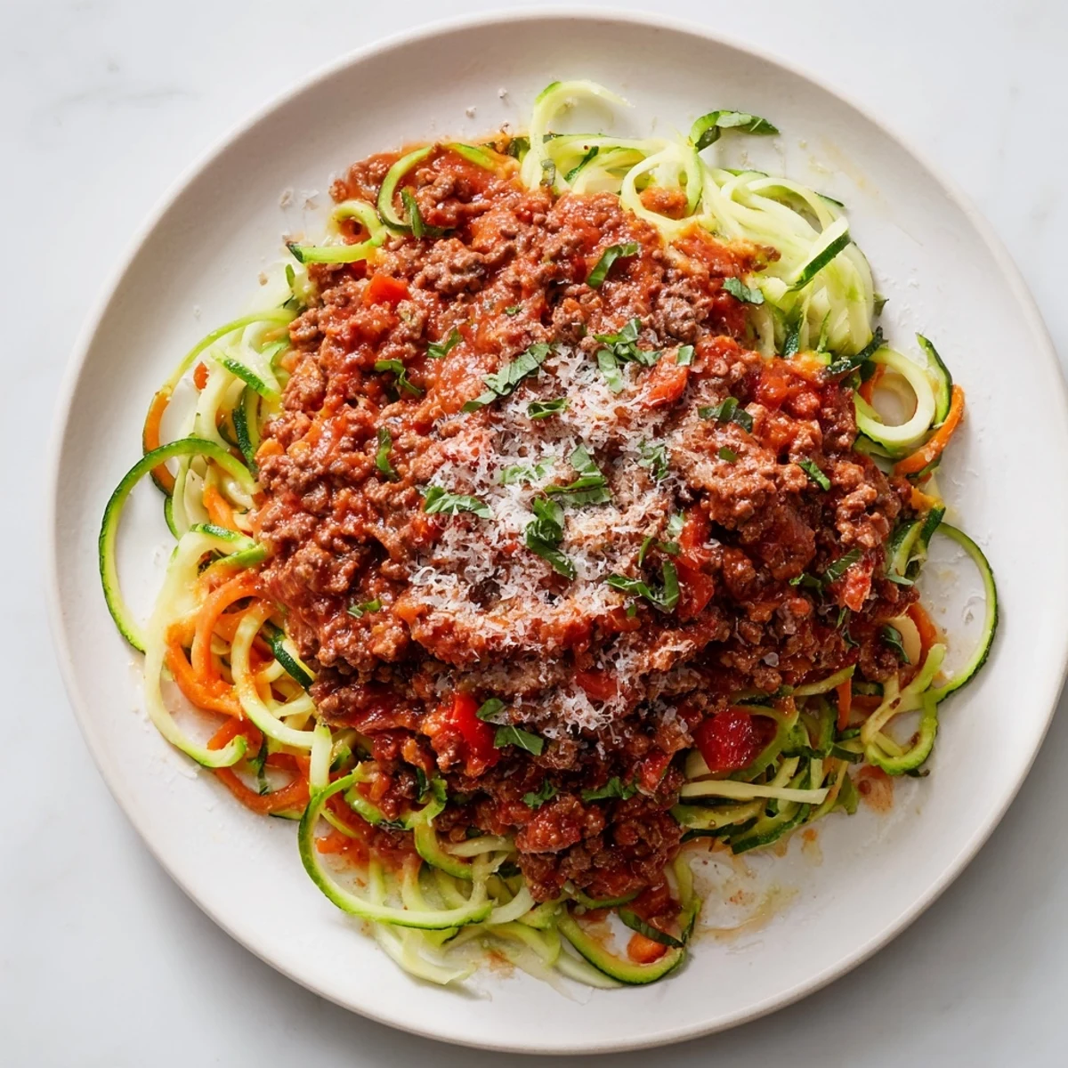 A steaming bowl of comforting beef Bolognese atop bright green zucchini noodles, ready to be enjoyed.