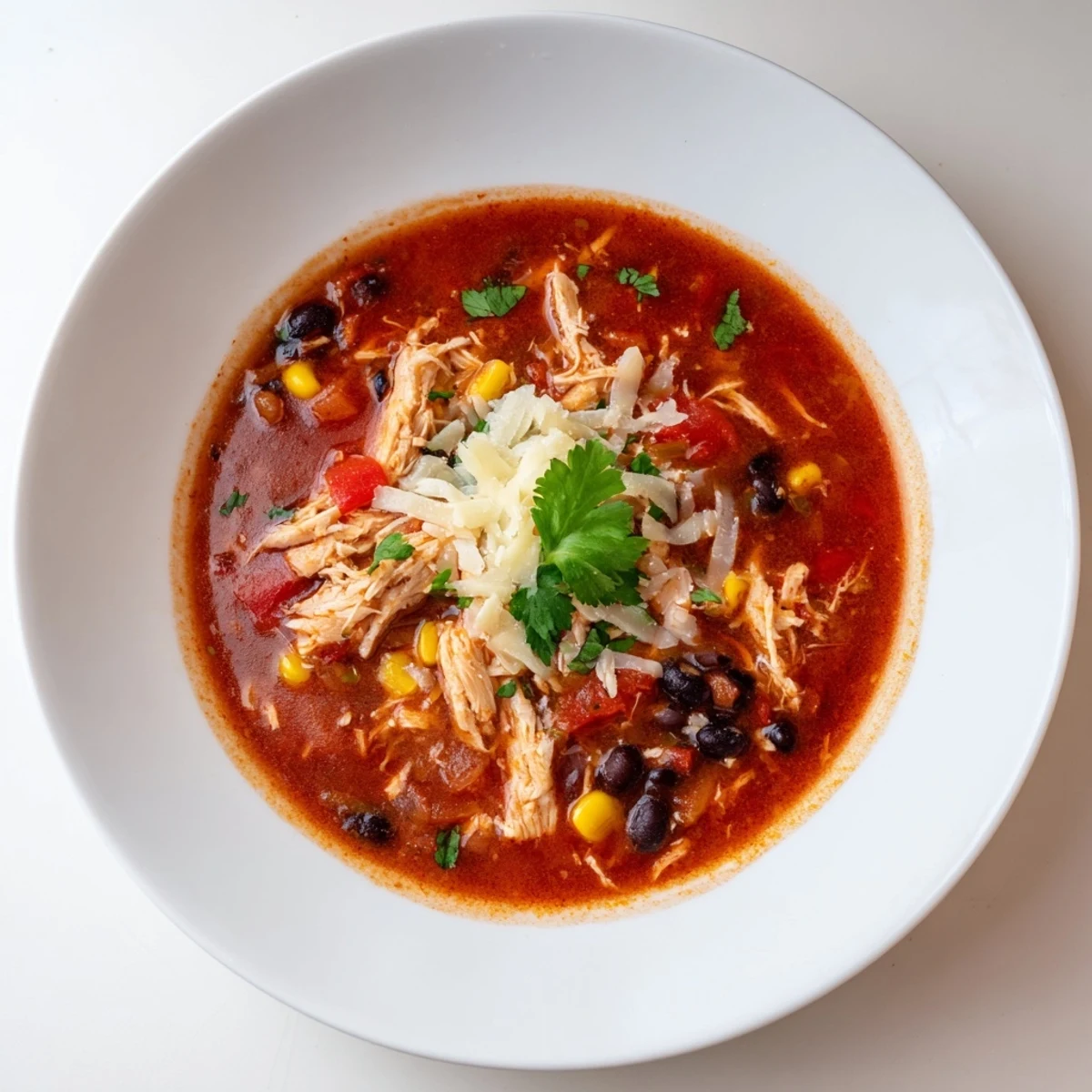 Steaming bowl of Slow Cooker Chicken Enchilada Soup, garnished with fresh cilantro and cheese.