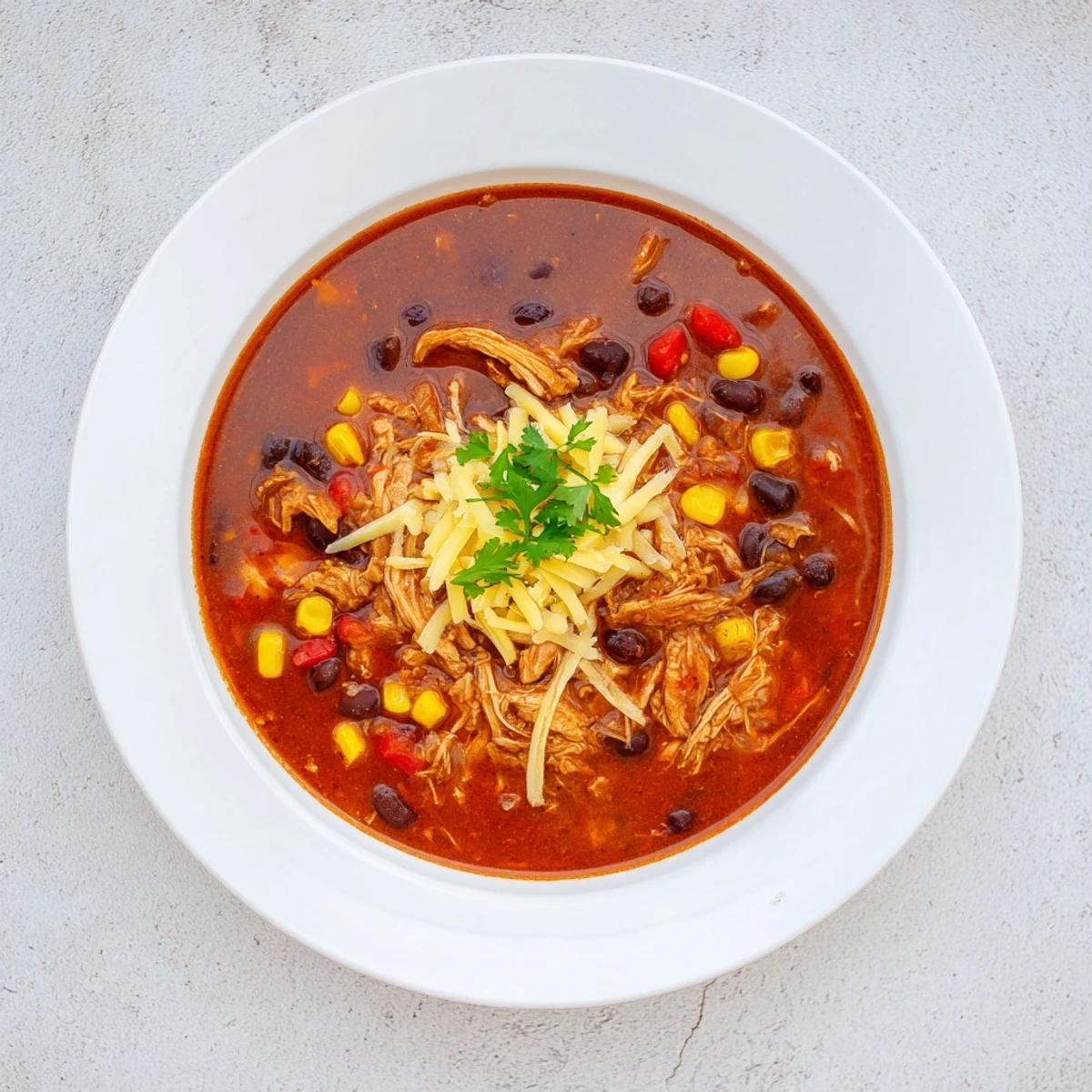 Close-up of hearty Slow Cooker Chicken Enchilada Soup with visible beans, chicken, and corn, invitingly flavorful.
