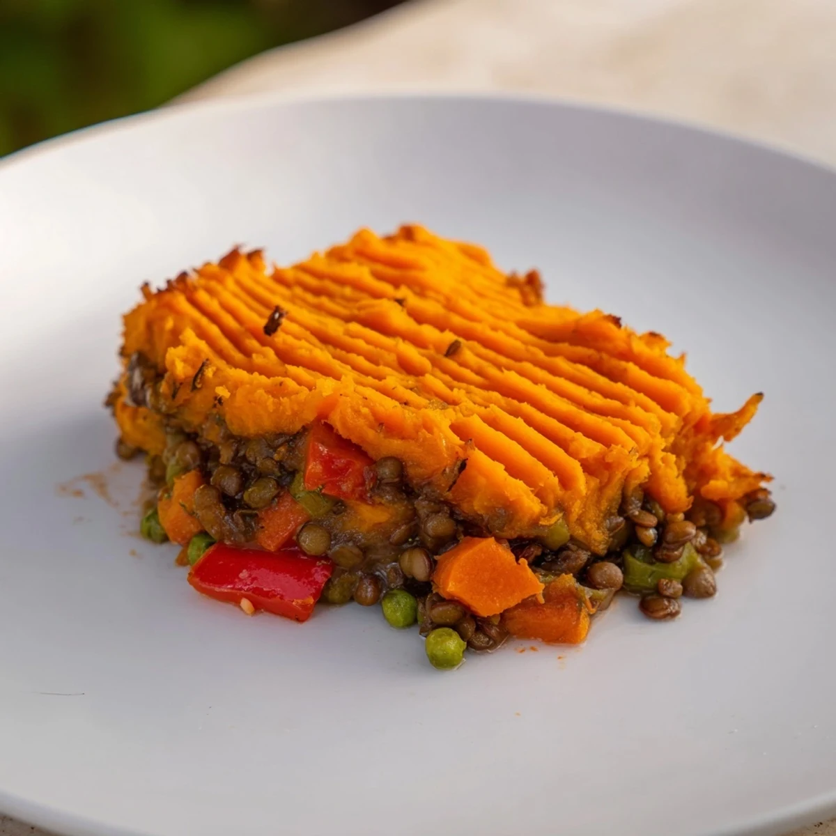 Vegan Lentil Shepherd's Pie with layers of savory filling beneath a creamy, spiced sweet potato topping.