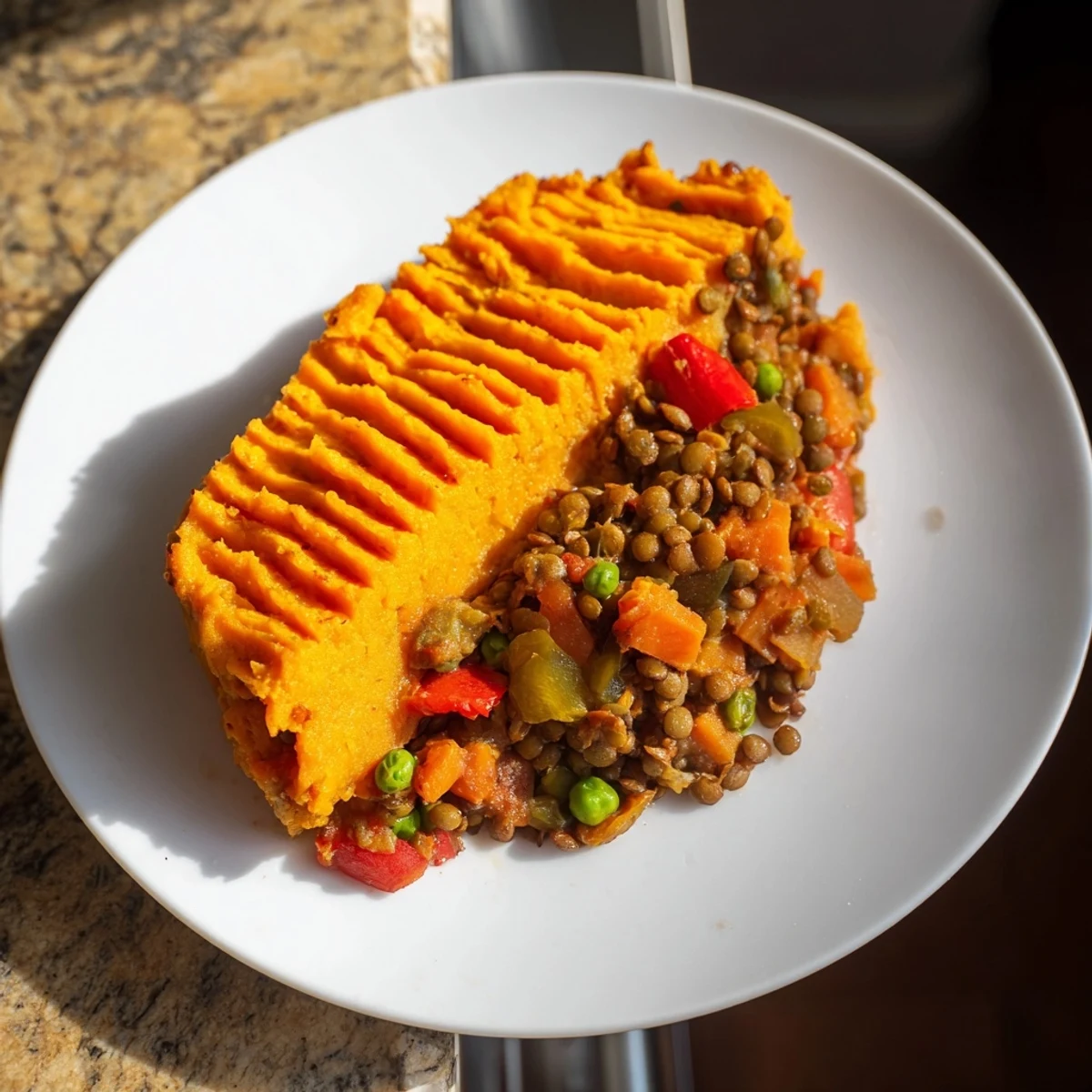 Enjoy a warm slice of Vegan Lentil Shepherd's Pie, showcasing the vibrant colors and hearty textures.