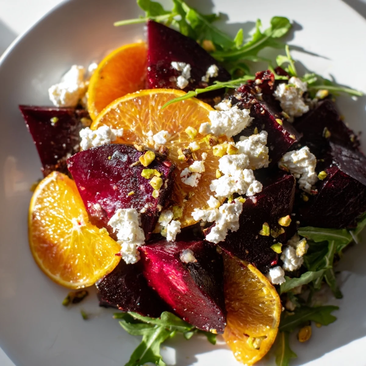Freshly assembled Roasted Beet and Blood Orange Salad, ready to drizzle with bright citrus vinaigrette.