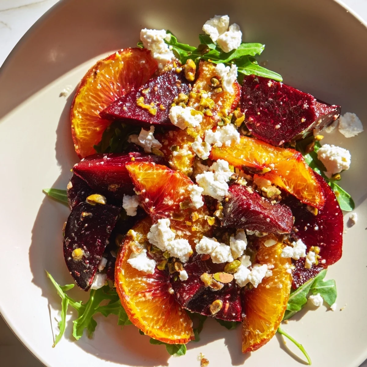 Vibrant plated Roasted Beet and Blood Orange Salad, showcasing warm beets with citrus and creamy goat cheese.