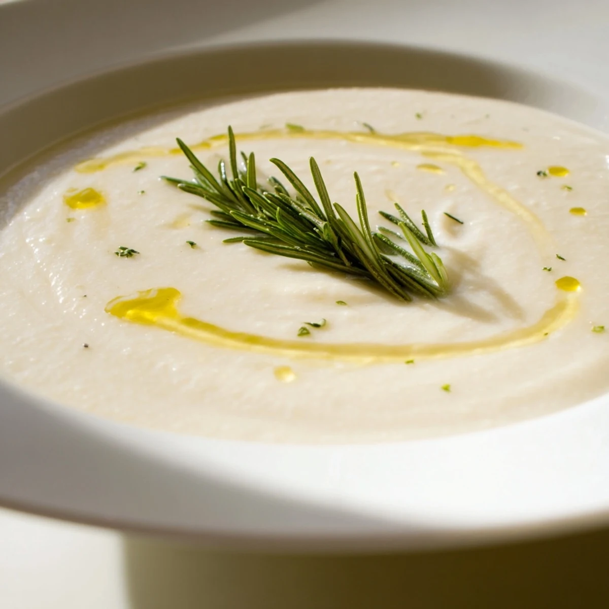 Close-up photo of creamy White Bean and Rosemary Soup, garnished with fresh rosemary and olive oil.