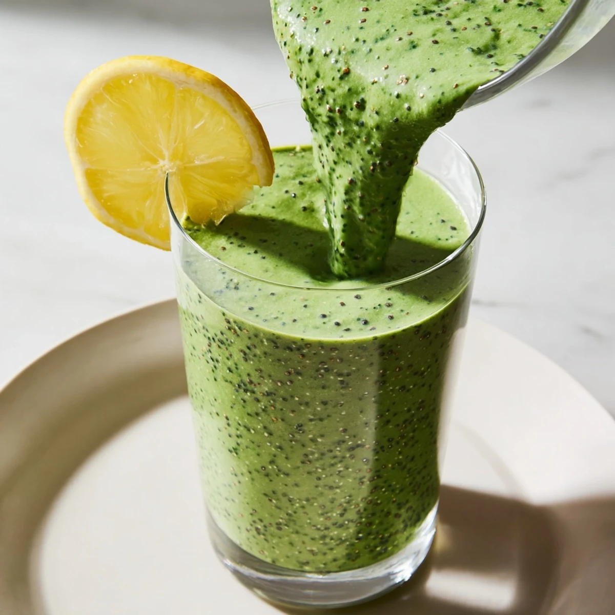 Creamy detox green smoothie with ginger and lemon, a vibrant, refreshing morning drink.