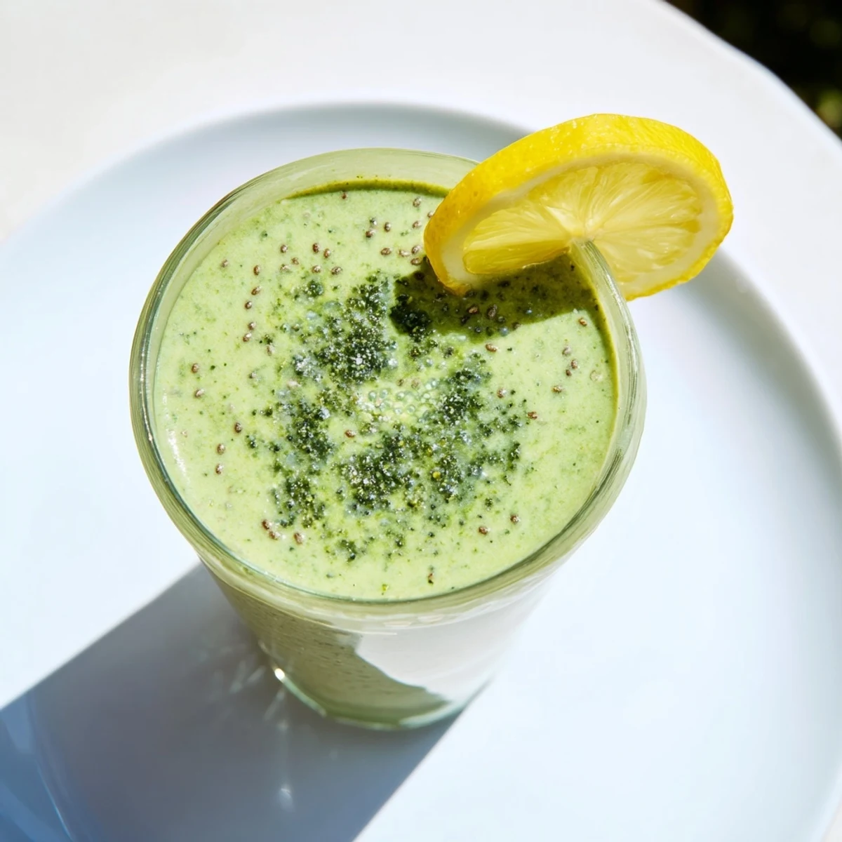 Imagine a bright green detox smoothie with lemon and ginger, a healthy start to your day.