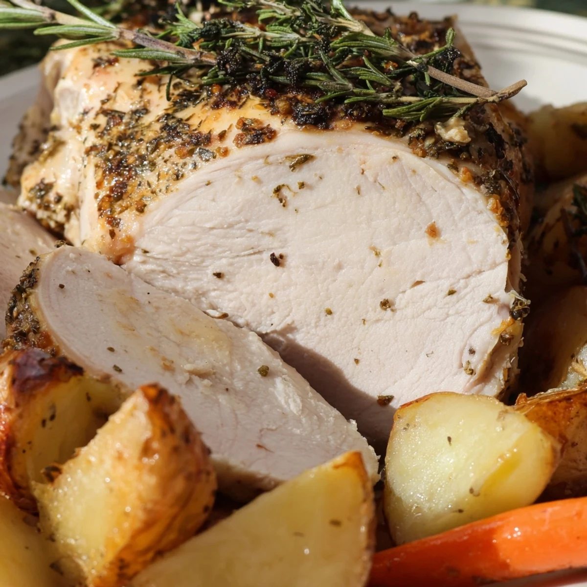 A close-up of juicy sliced Sheet Pan Lemon Herb Roasted Turkey Breast with rosemary sprigs and lemon wedges.