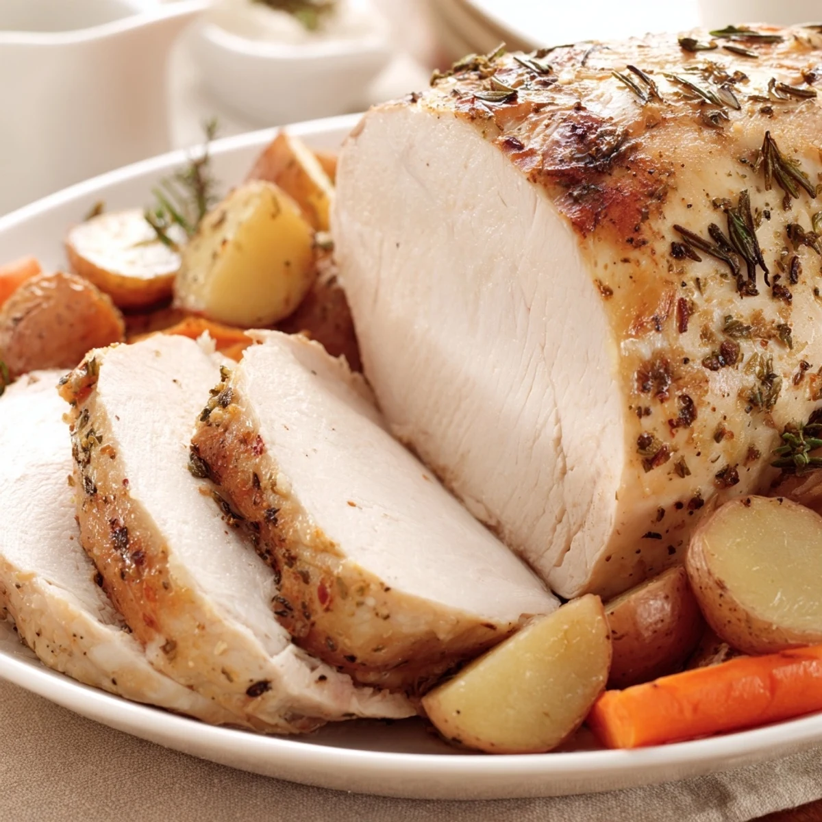 Freshly roasted Sheet Pan Lemon Herb Roasted Turkey Breast plated with colorful vegetables for an easy dinner.