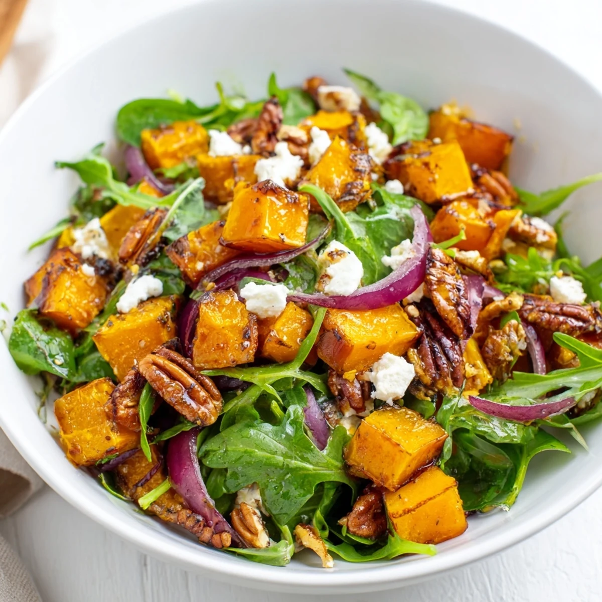 Golden roasted butternut squash salad greens toasted pecans feta drizzled with tangy maple balsamic dressing.