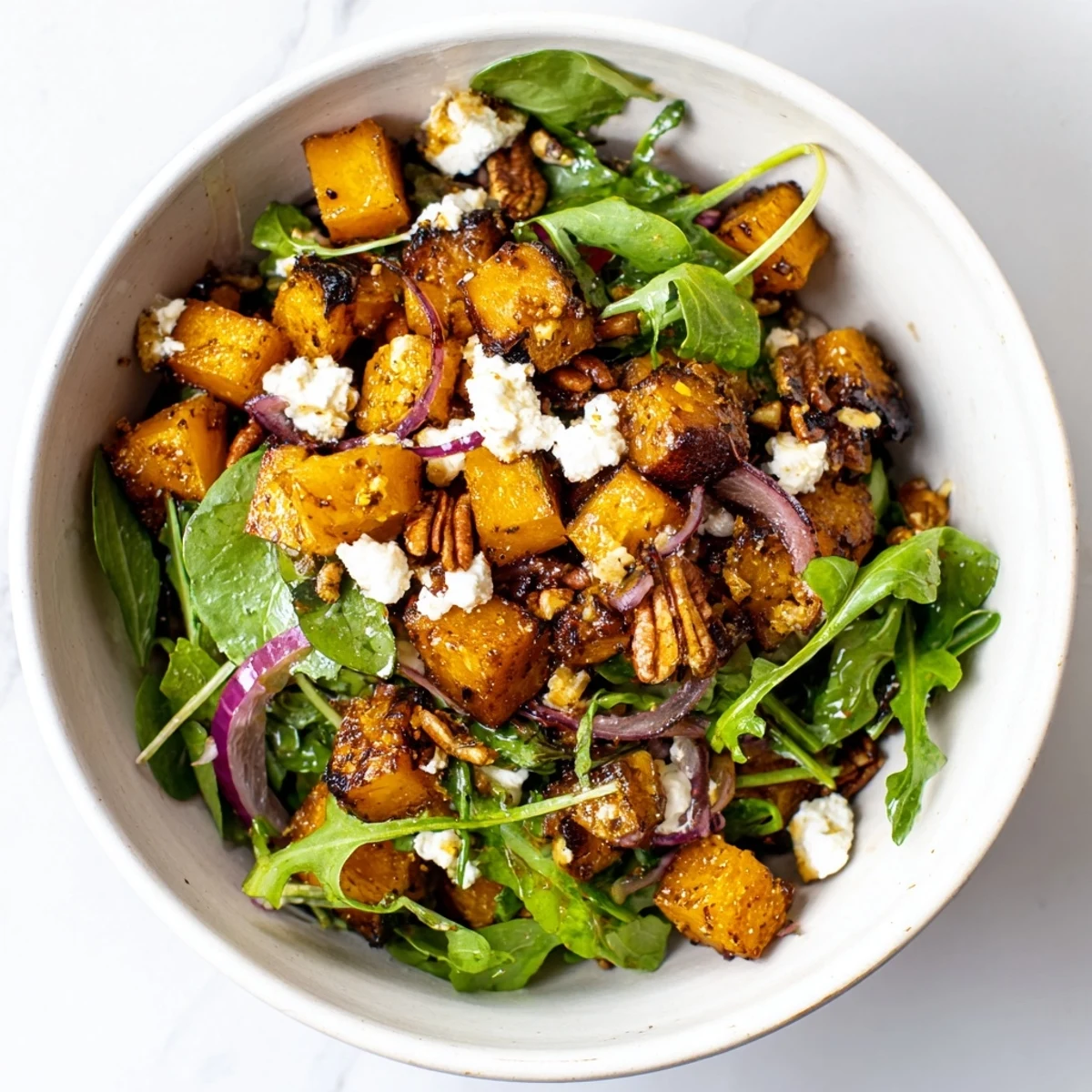 Close up of a hearty roasted butternut squash salad topped with crumbled feta and pecans.