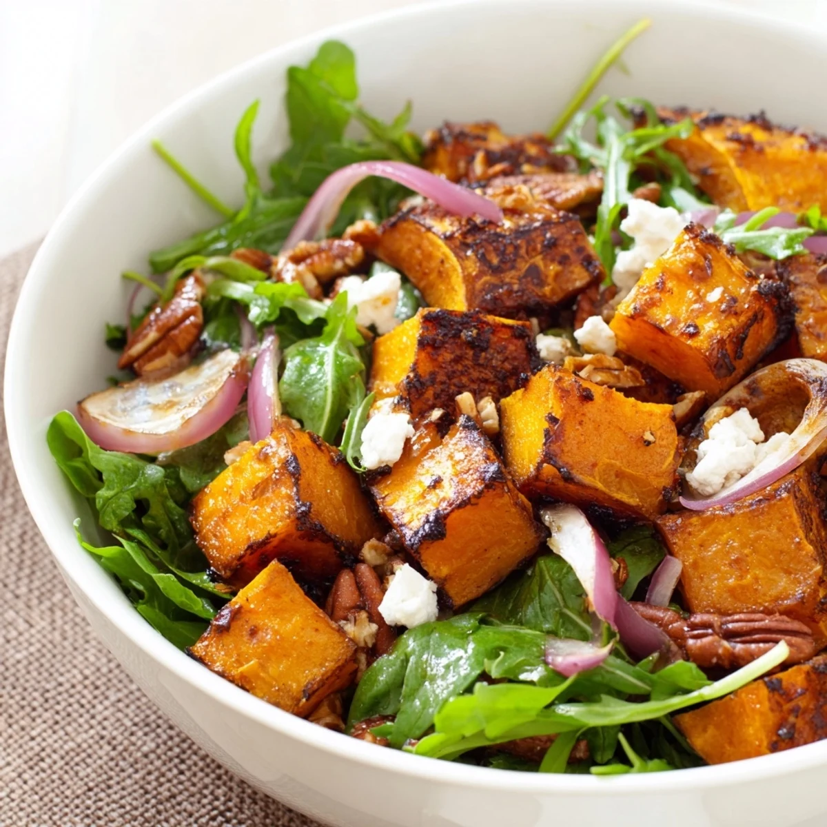 Freshly tossed roasted butternut squash salad with vibrant greens and toasted pecans ready to serve.