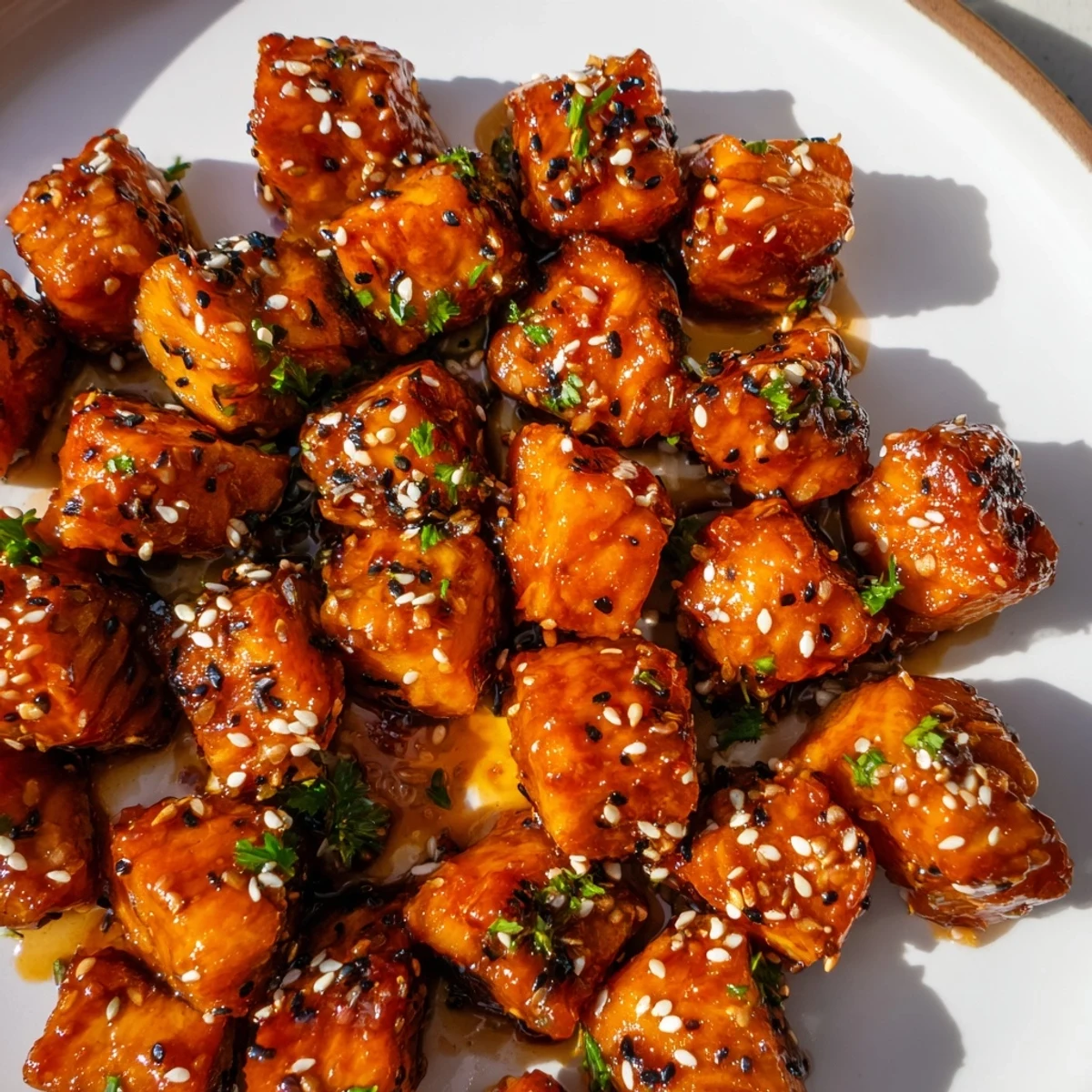 Crispy Air Fryer Salmon Bites drizzled with sticky honey garlic glaze on a plate.
