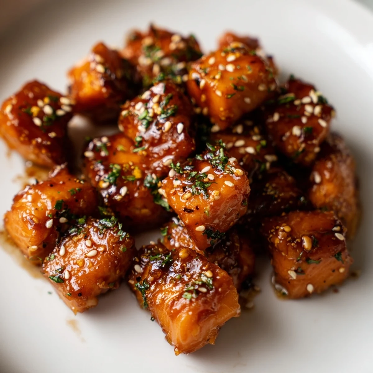 Air Fryer Salmon Bites tossed in sweet and savory honey garlic glaze, garnished.