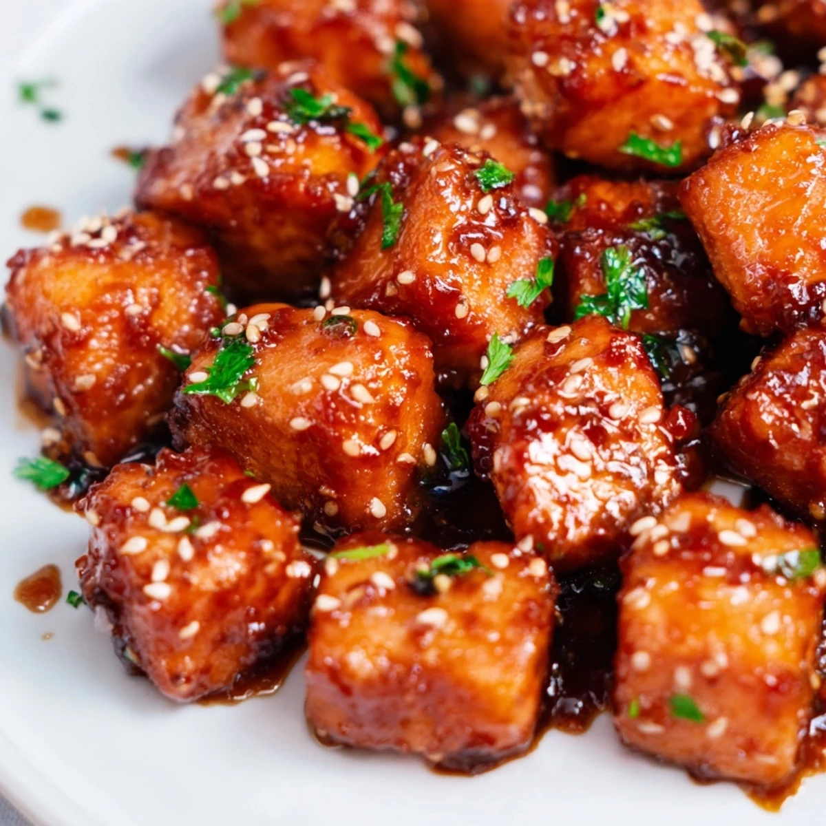 Freshly glazed Air Fryer Salmon Bites served on a platter with a sweet aroma.