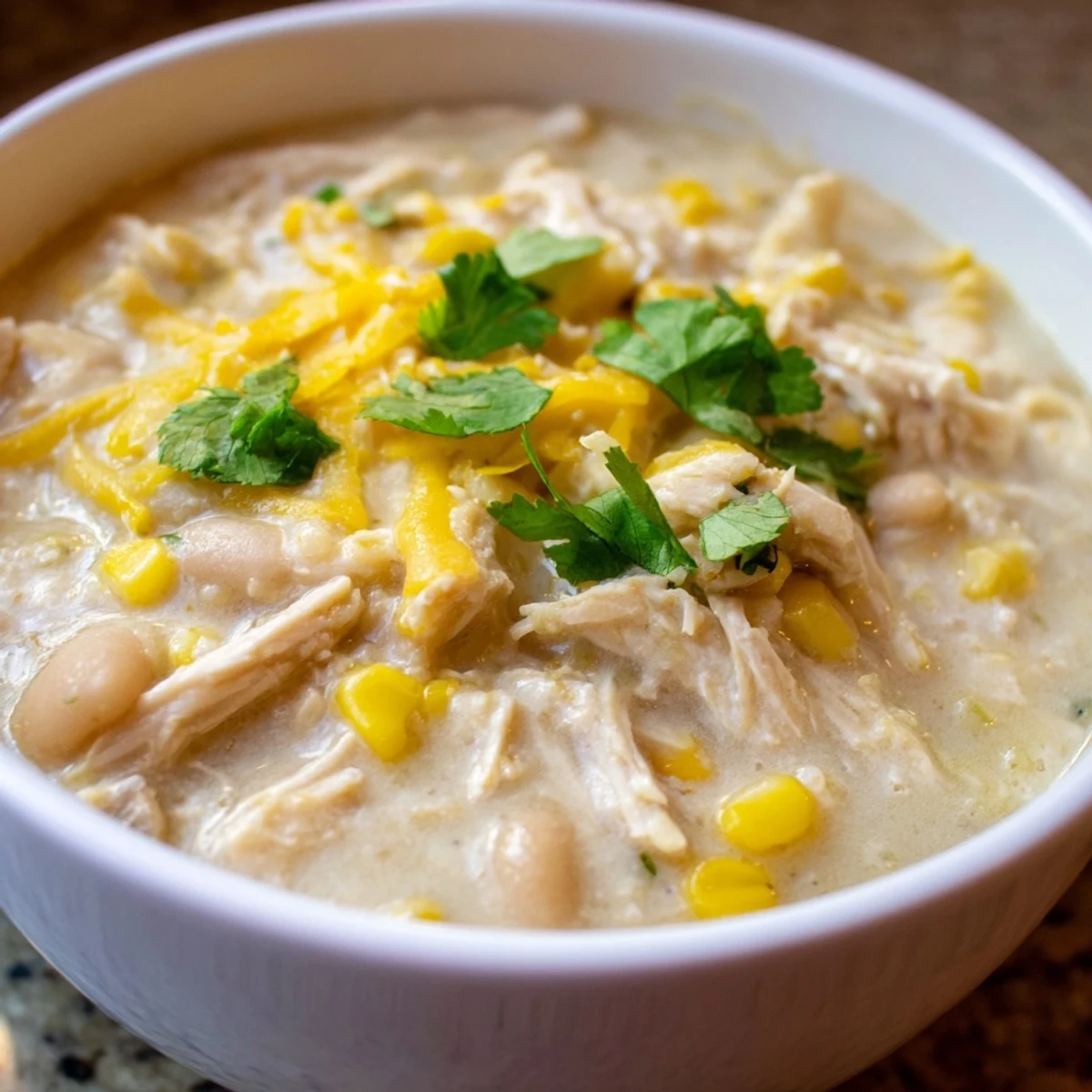 Family-style pot of Creamy White Chicken Chili with Corn surrounded by lime wedges and cornbread.
