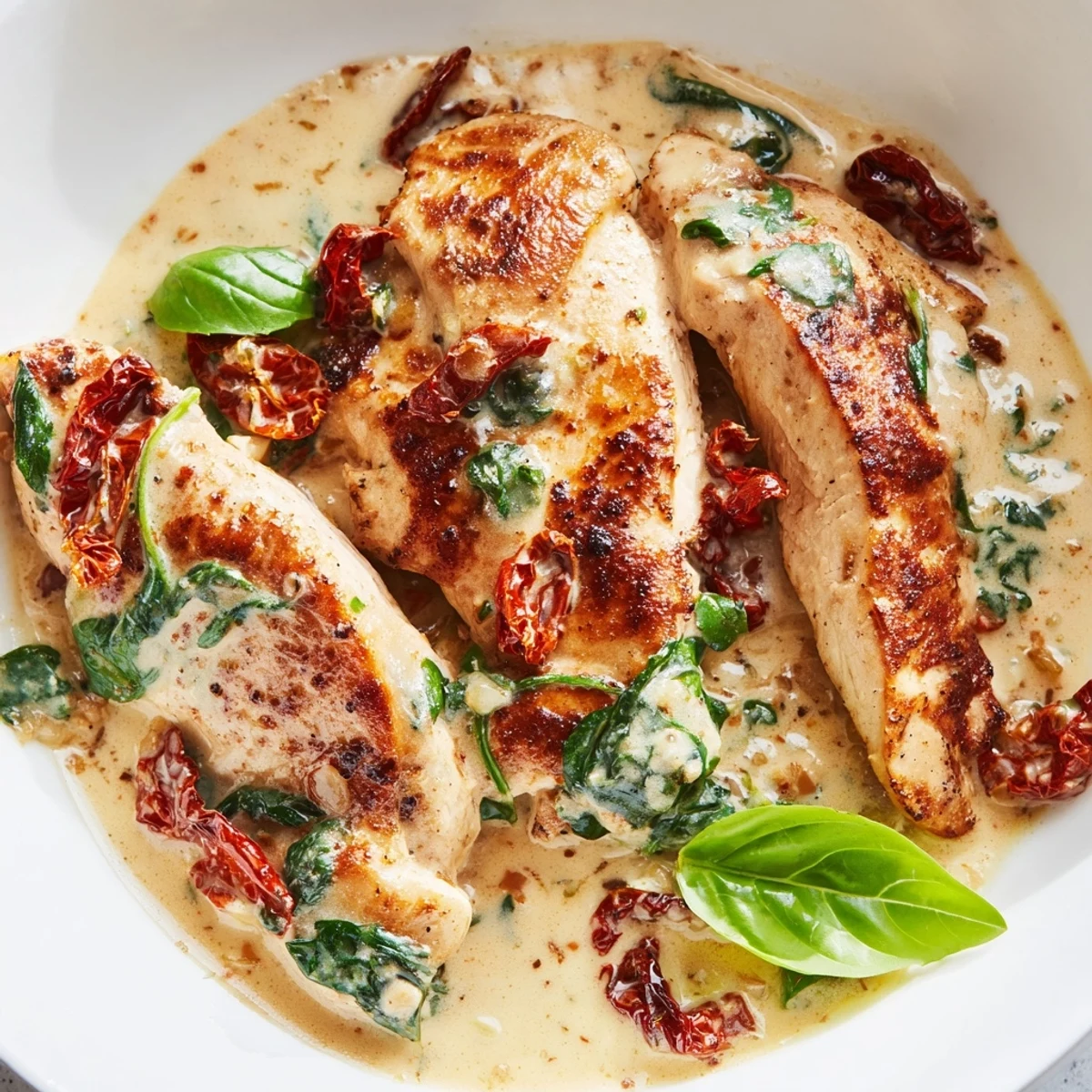 Tender sliced chicken in a rich parmesan cream sauce, served alongside vibrant spinach and rustic bread.