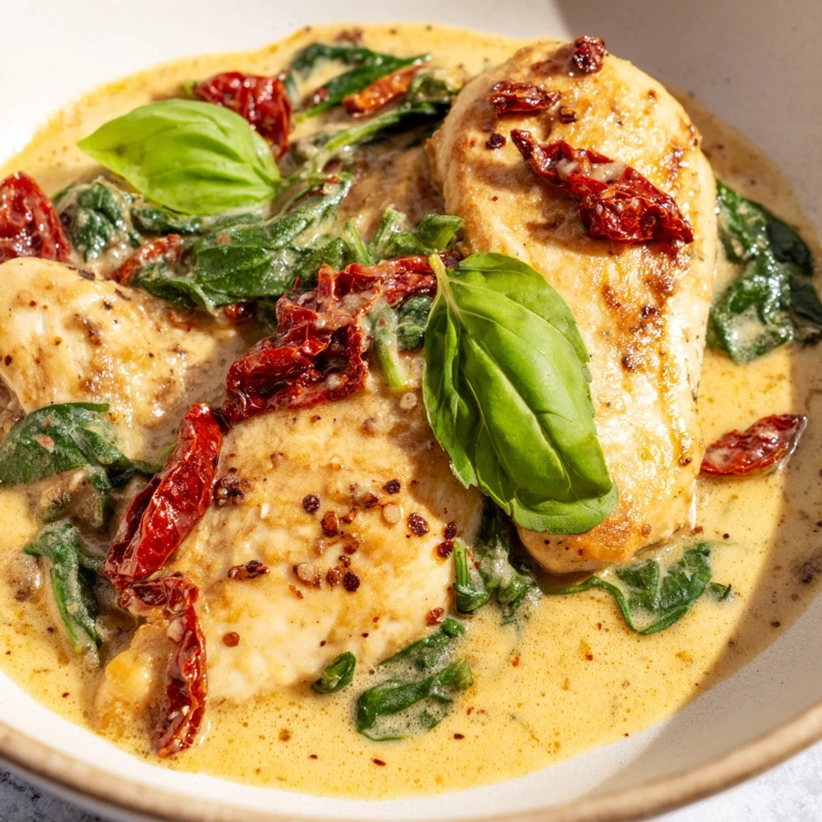Golden-brown, seasoned chicken breasts simmer in a creamy Tuscan garlic sauce with spinach and sun-dried tomatoes.