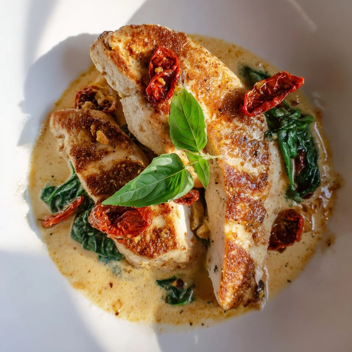 Mediterranean-inspired Creamy Tuscan Garlic Chicken, plated with pasta and topped with fresh basil, ready to serve.