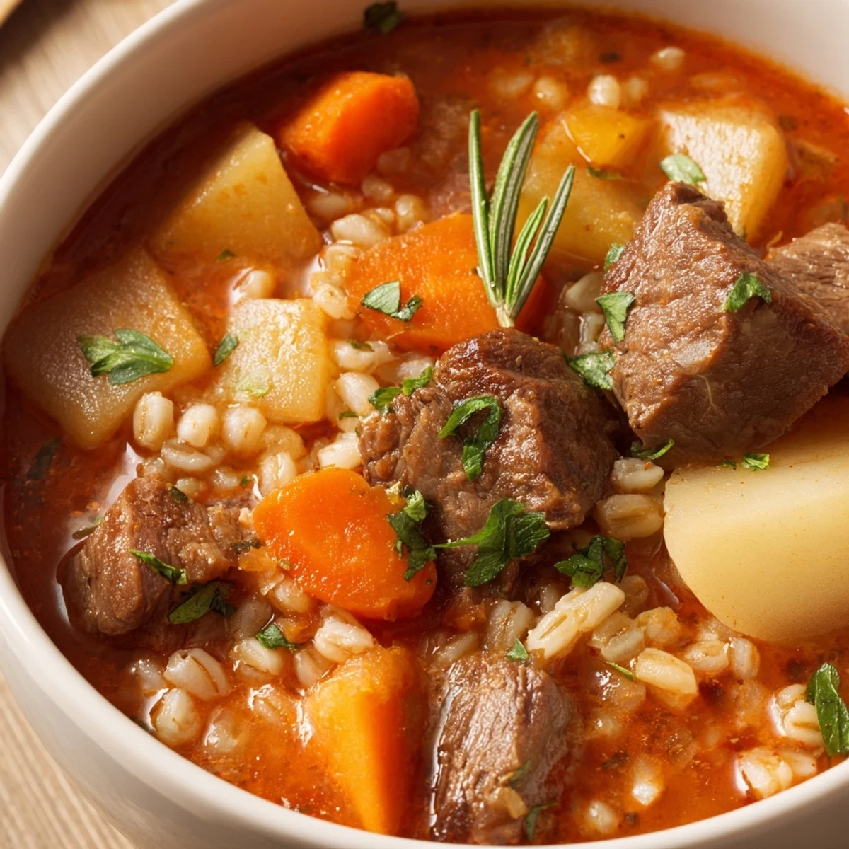 Close-up of Hearty Beef and Barley Stew with Root Vegetables, featuring tender beef chunks, diced carrots, and parsnips in a rich, glossy broth.