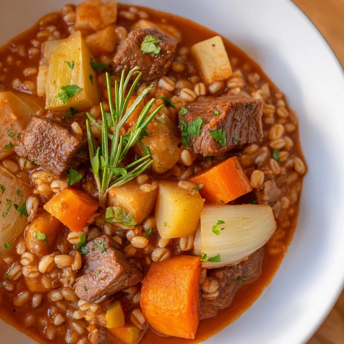 Hearty Beef and Barley Stew with Root Vegetables steaming in a rustic Dutch oven, garnished with fresh parsley and served with crusty bread.