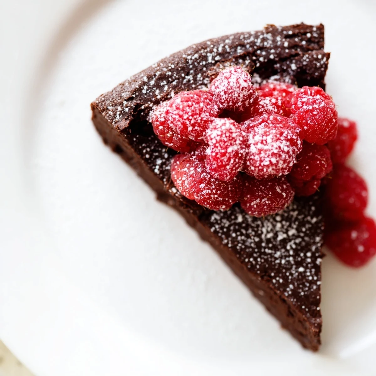 Moist slices of Decadent Flourless Chocolate Cake with Raspberries dusted with powdered sugar and bright berries on a white plate.
