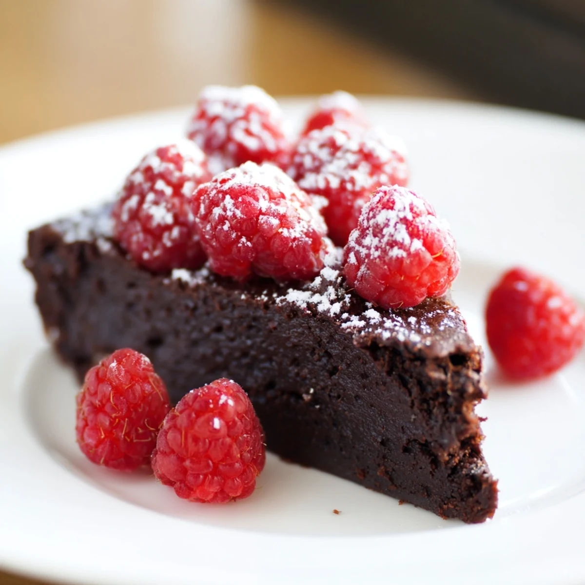 A rich, fudgy wedge of Decadent Flourless Chocolate Cake with Raspberries served with whipped cream for a gluten-free dessert.