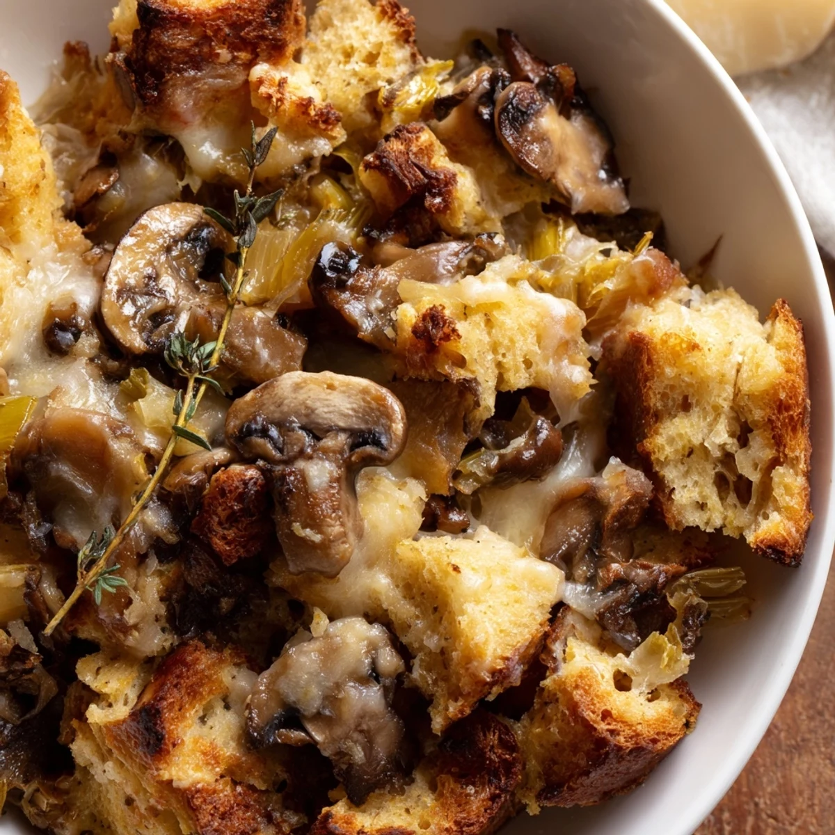 Savory Mushroom and Leek Bread Pudding served warm in a casserole dish, revealing a soft, custard-soaked interior and crispy crust.