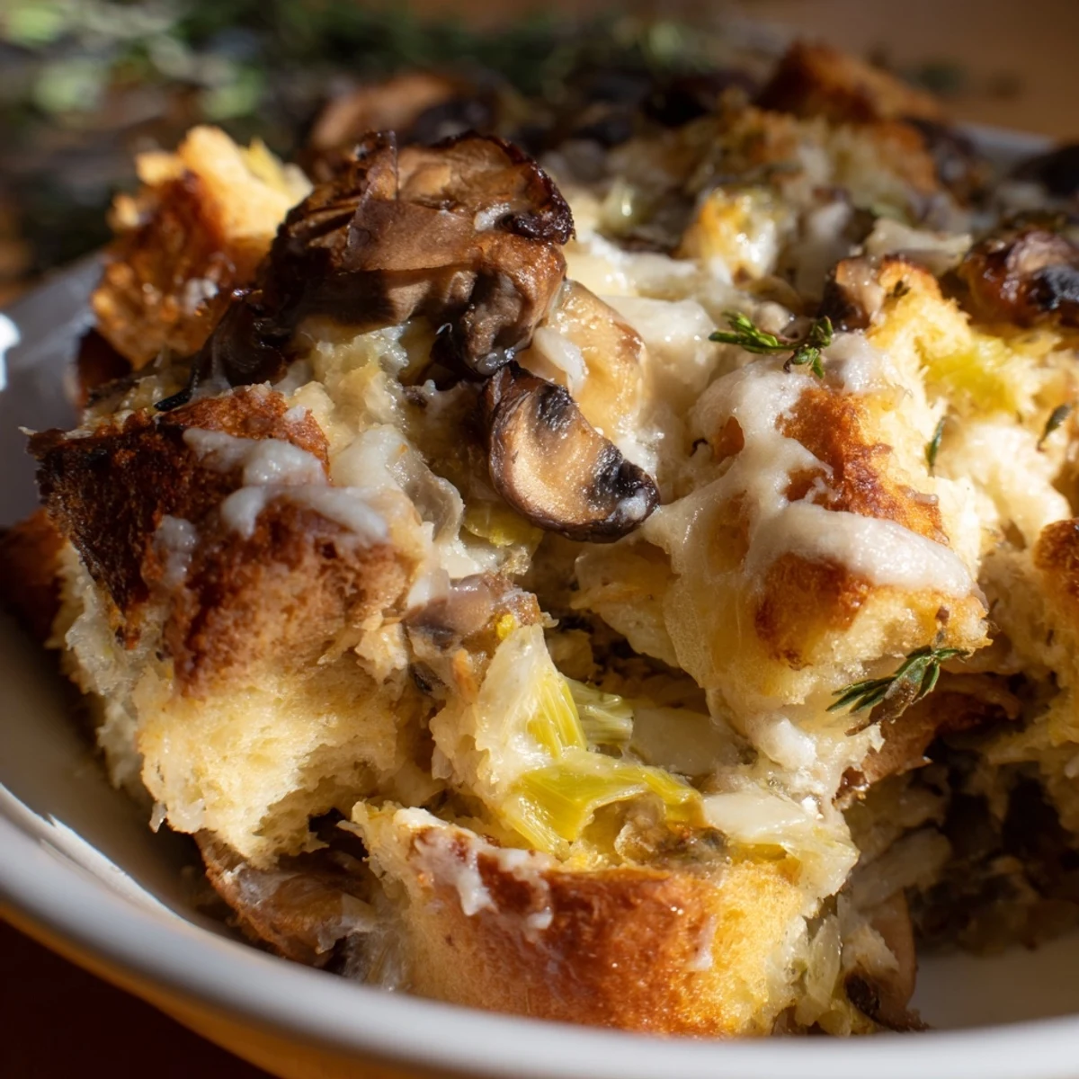 Golden-brown Savory Mushroom and Leek Bread Pudding bubbling in a baking dish with melted Gruyère cheese and fresh thyme garnish.