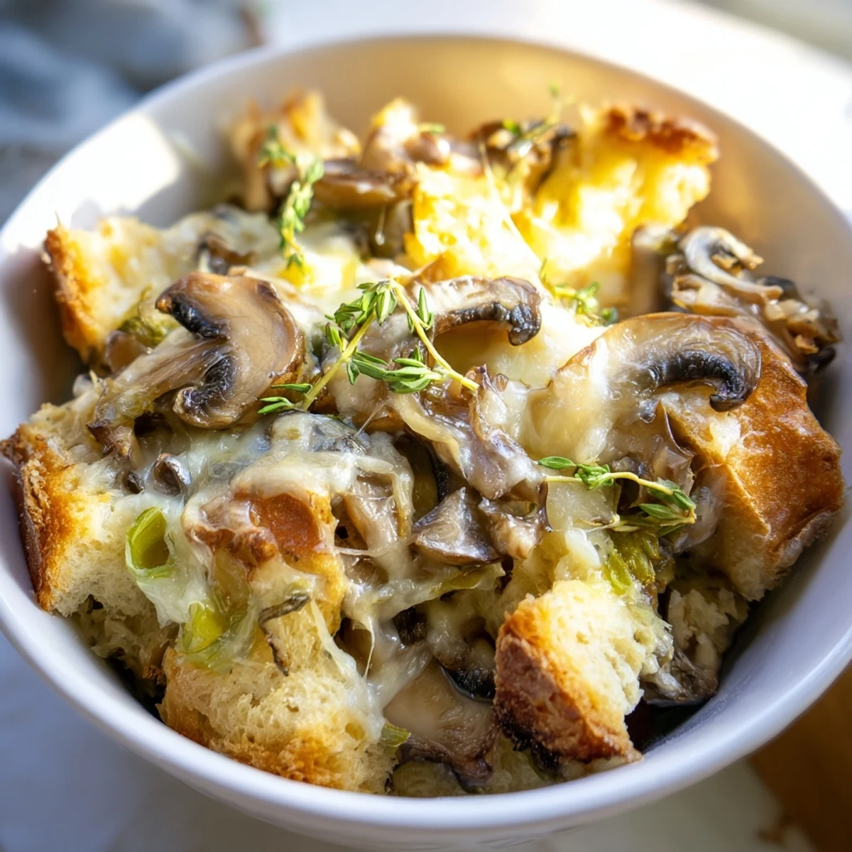 A close-up of the rustic Savory Mushroom and Leek Bread Pudding topped with caramelized leeks and sautéed mushrooms, ready to slice.