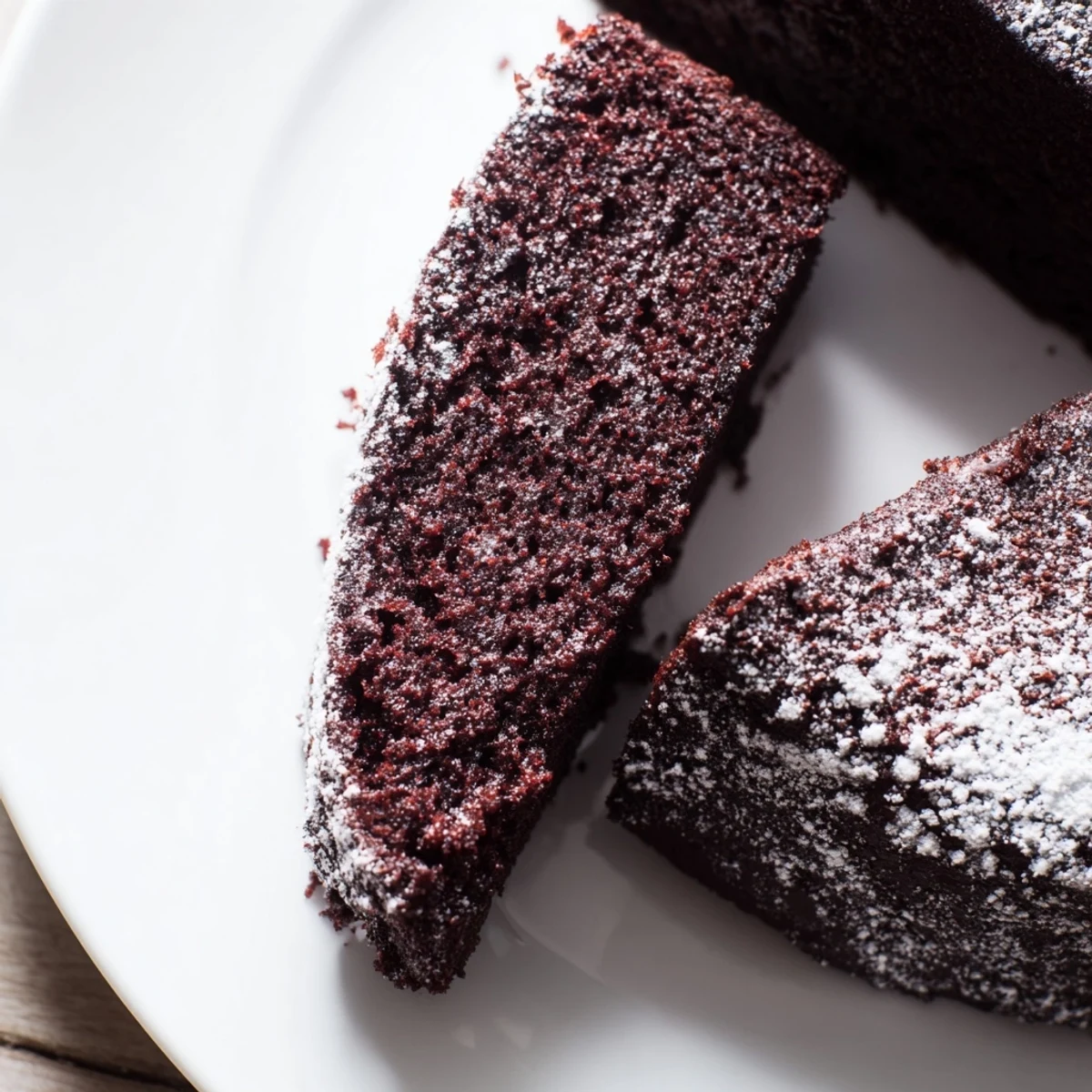 Homemade Dark Chocolate and Beetroot Snack Cake squares on a rustic wooden board, dusted with powdered sugar and perfect for an afternoon treat.