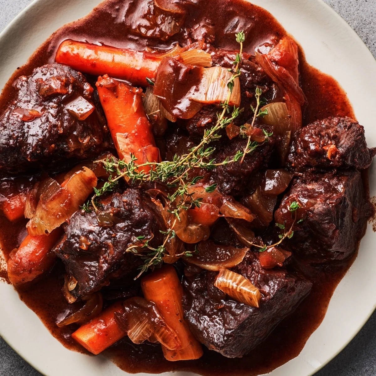 Fall-apart Slow Cooked Beef Shin with Carrots and Thyme, glazed in a rich, deep-hued red wine sauce.