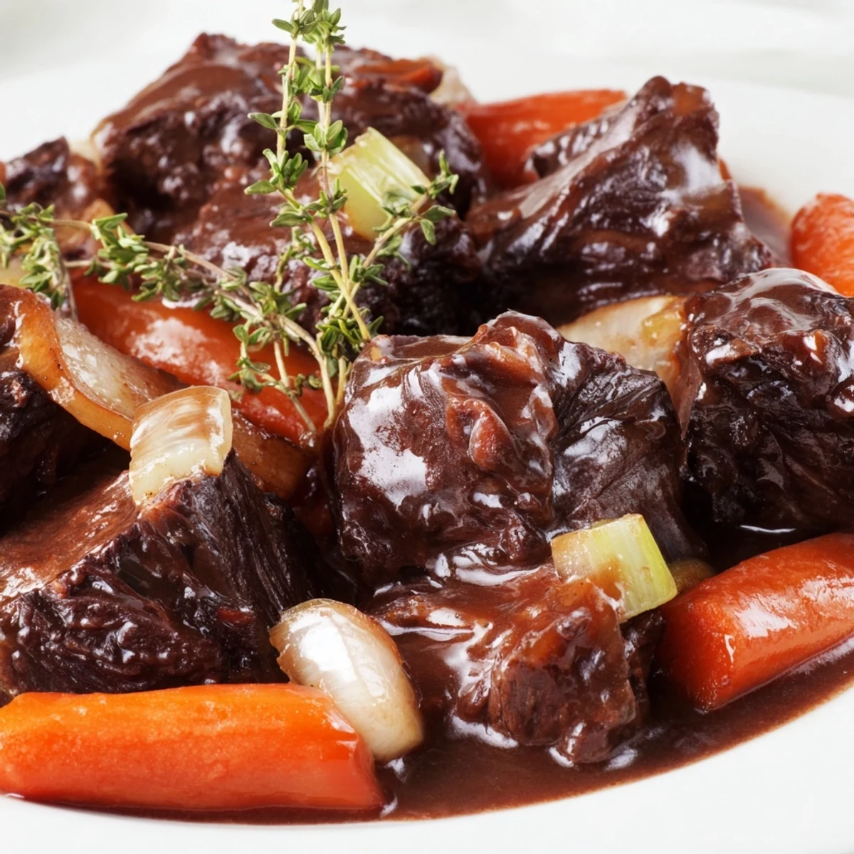 Tender Slow Cooked Beef Shin with Carrots and Thyme served over creamy mashed potatoes in a rustic bowl.