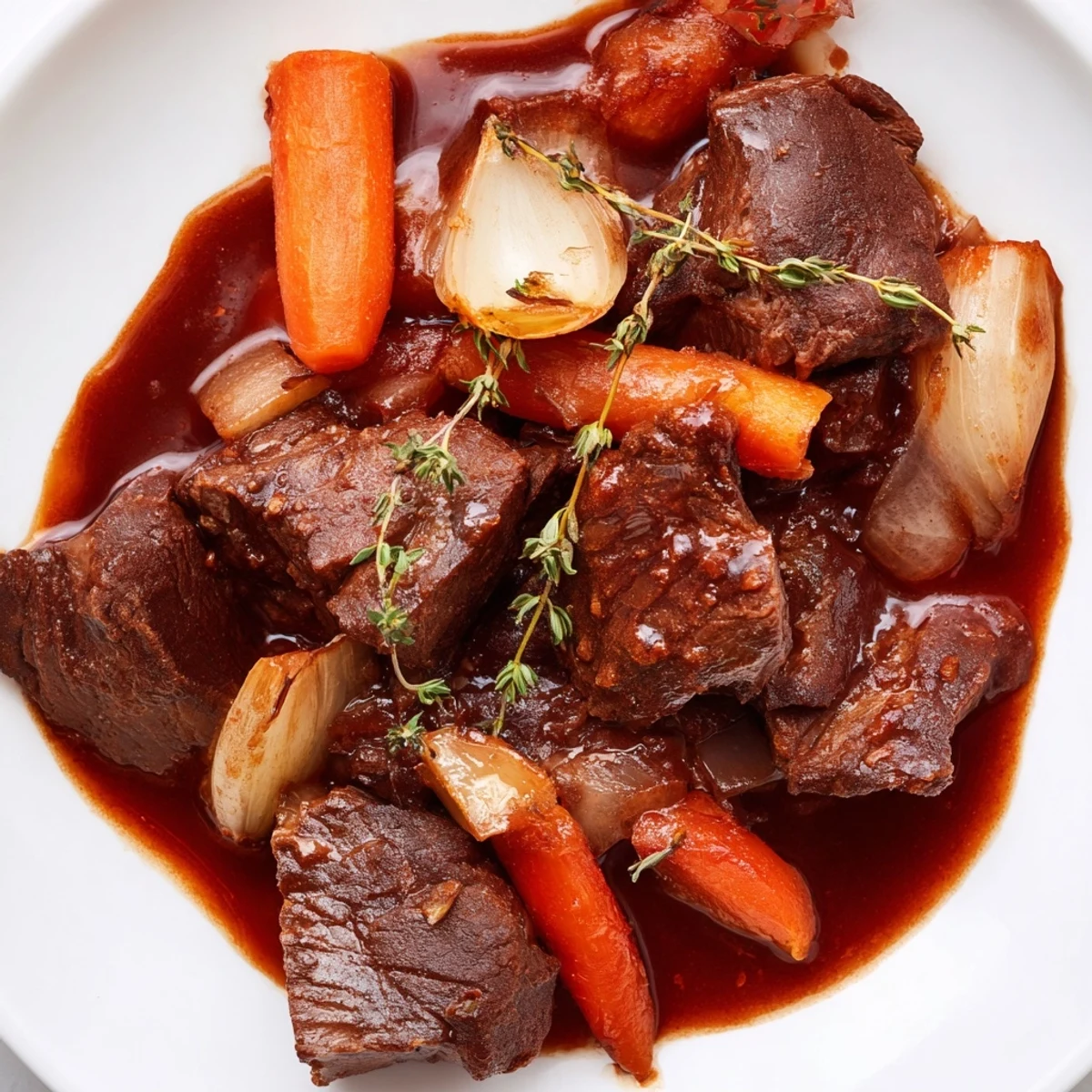 Fork-tender Slow Cooked Beef Shin with Carrots and Thyme plated with crusty bread, fresh thyme, and carrots.