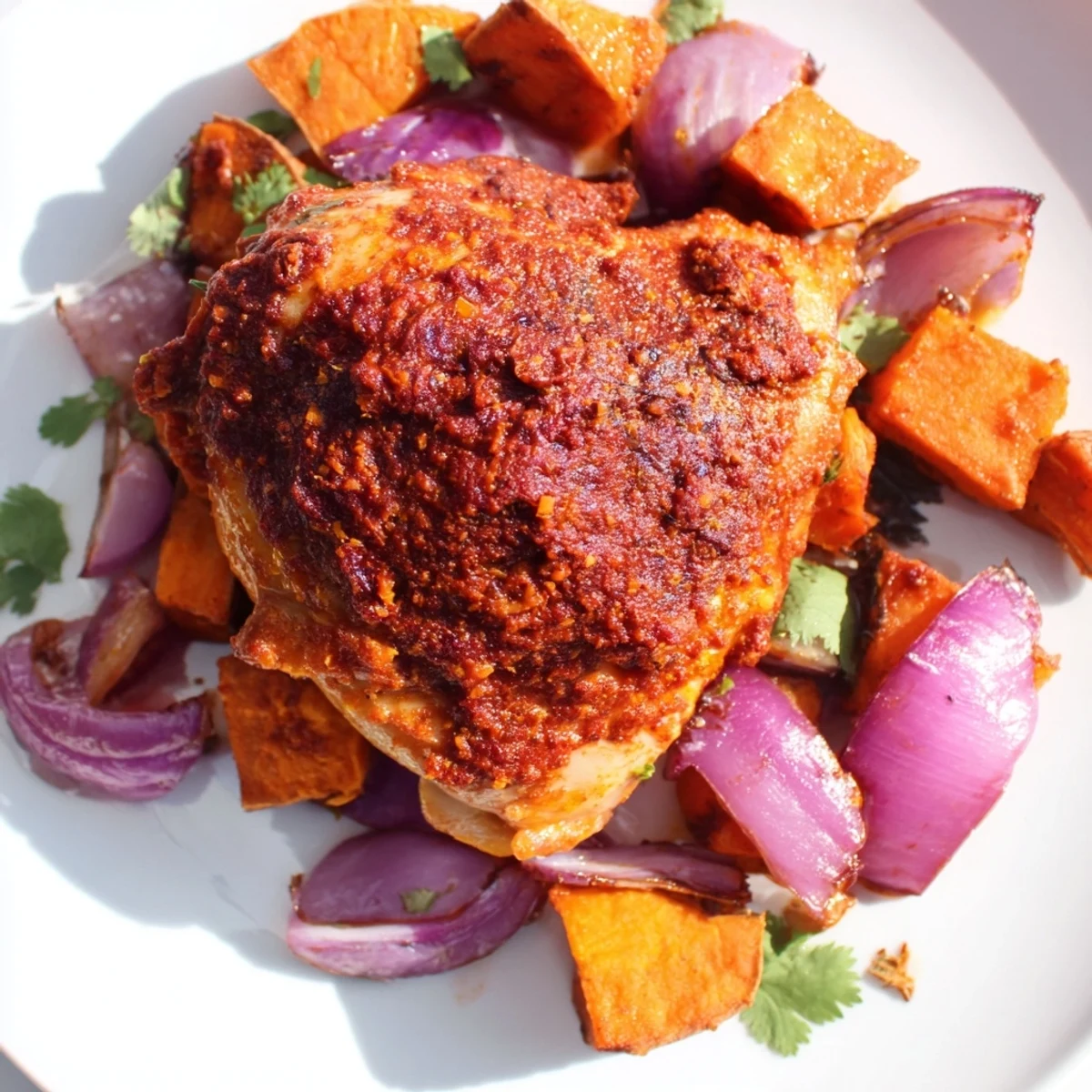 Golden-brown Harissa Roasted Chicken with Sweet Potatoes garnished with fresh cilantro on a rustic platter.