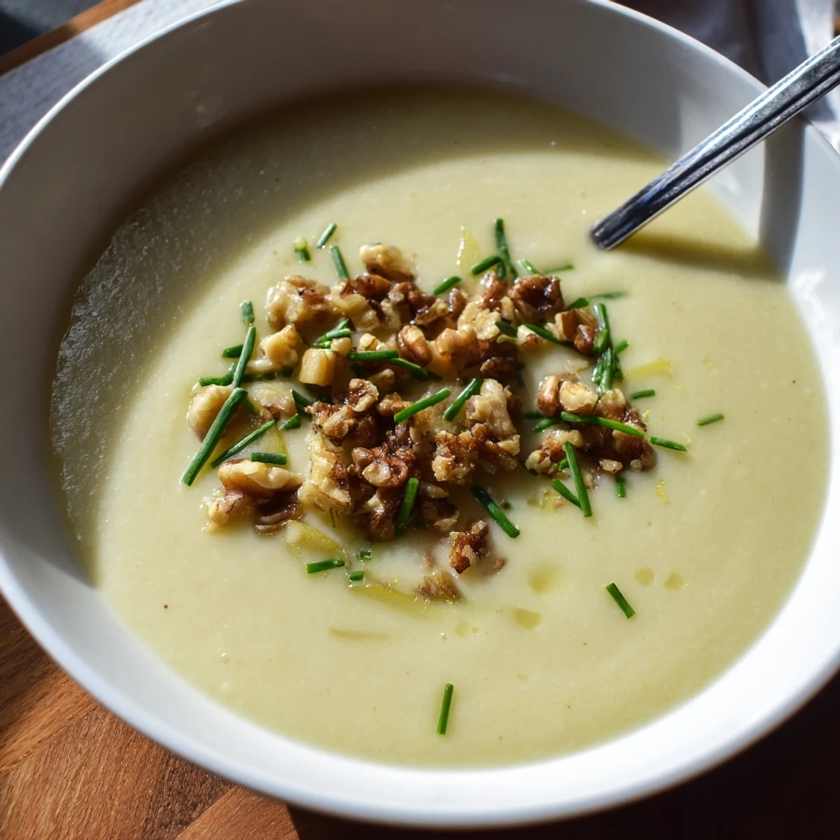 A close-up of Creamy Parsnip and Pear Soup garnished with crunchy toasted walnuts and fresh chives.