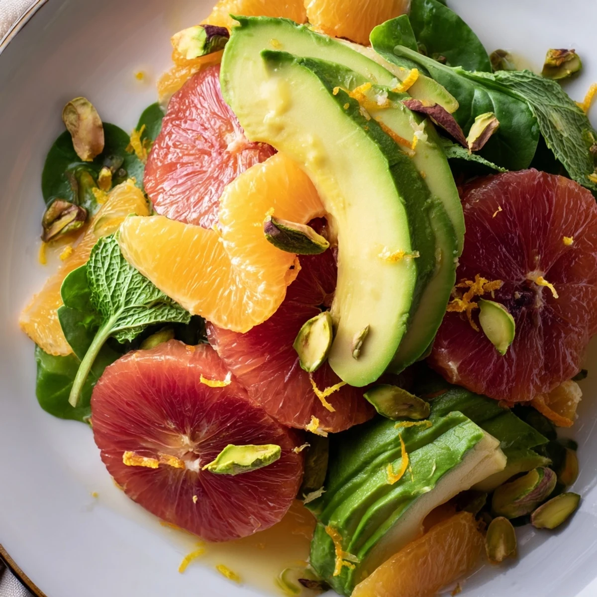 Freshly sliced blood oranges and creamy avocado on mixed greens, drizzled with lemon dressing, topped with mint and pistachios.