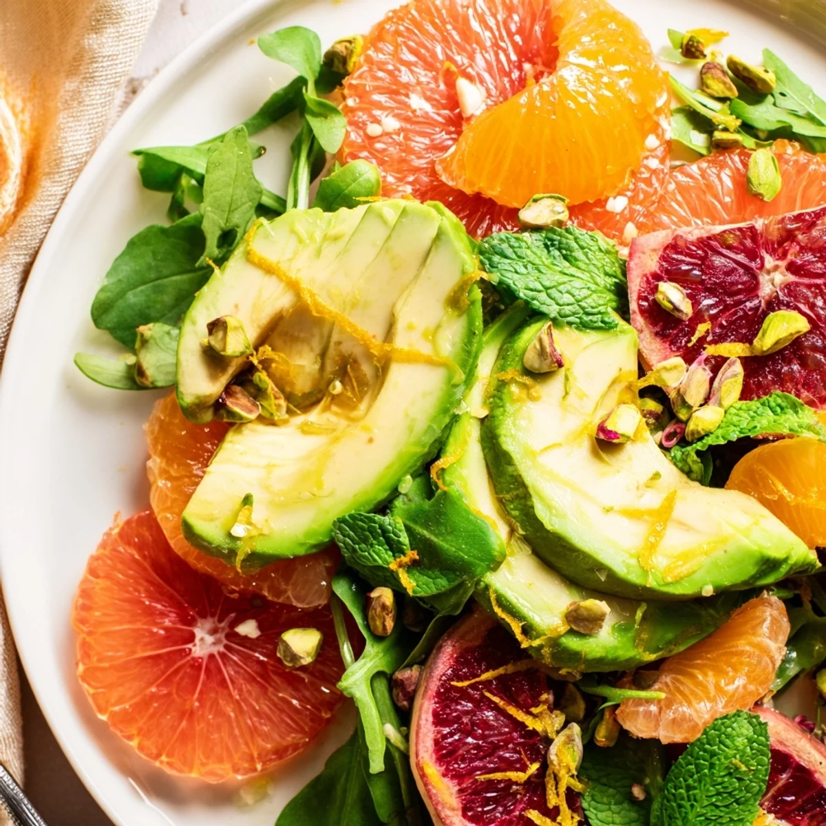 Brightly colored citrus rounds and avocado slices on a platter, garnished with mint leaves and a sprinkle of orange zest.