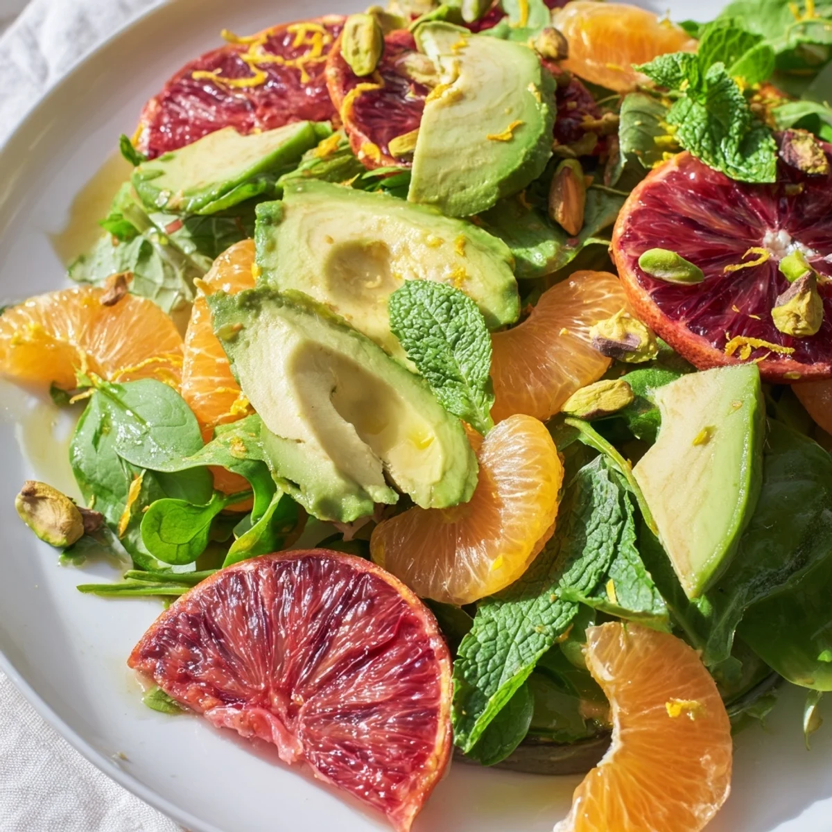 Vibrant Winter Citrus and Avocado Salad with mint, mixed greens, and toasted nuts, ready for a healthy California-inspired meal.