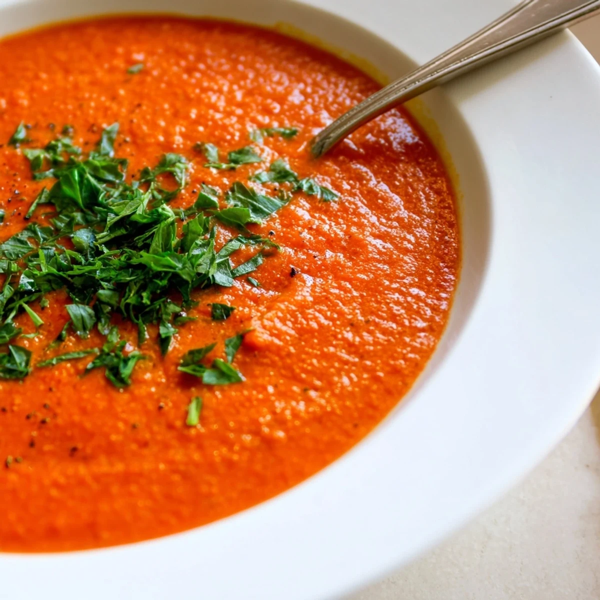 A close-up of smooth Roasted Red Pepper and Lentil Soup in a rustic bowl, garnished with fresh parsley and lemon wedges.