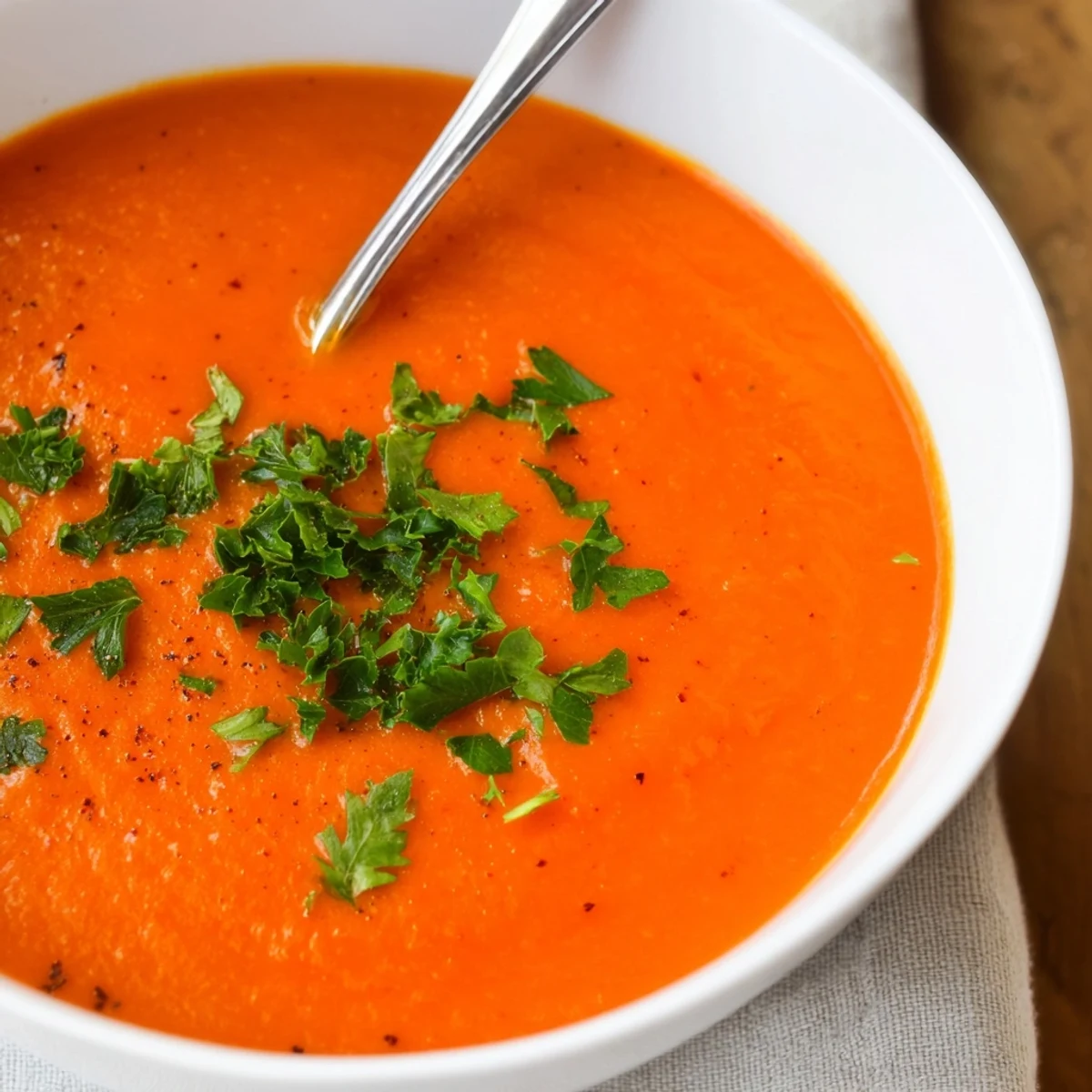 Vibrant Roasted Red Pepper and Lentil Soup with a drizzle of olive oil and a sprinkle of paprika, served warm.