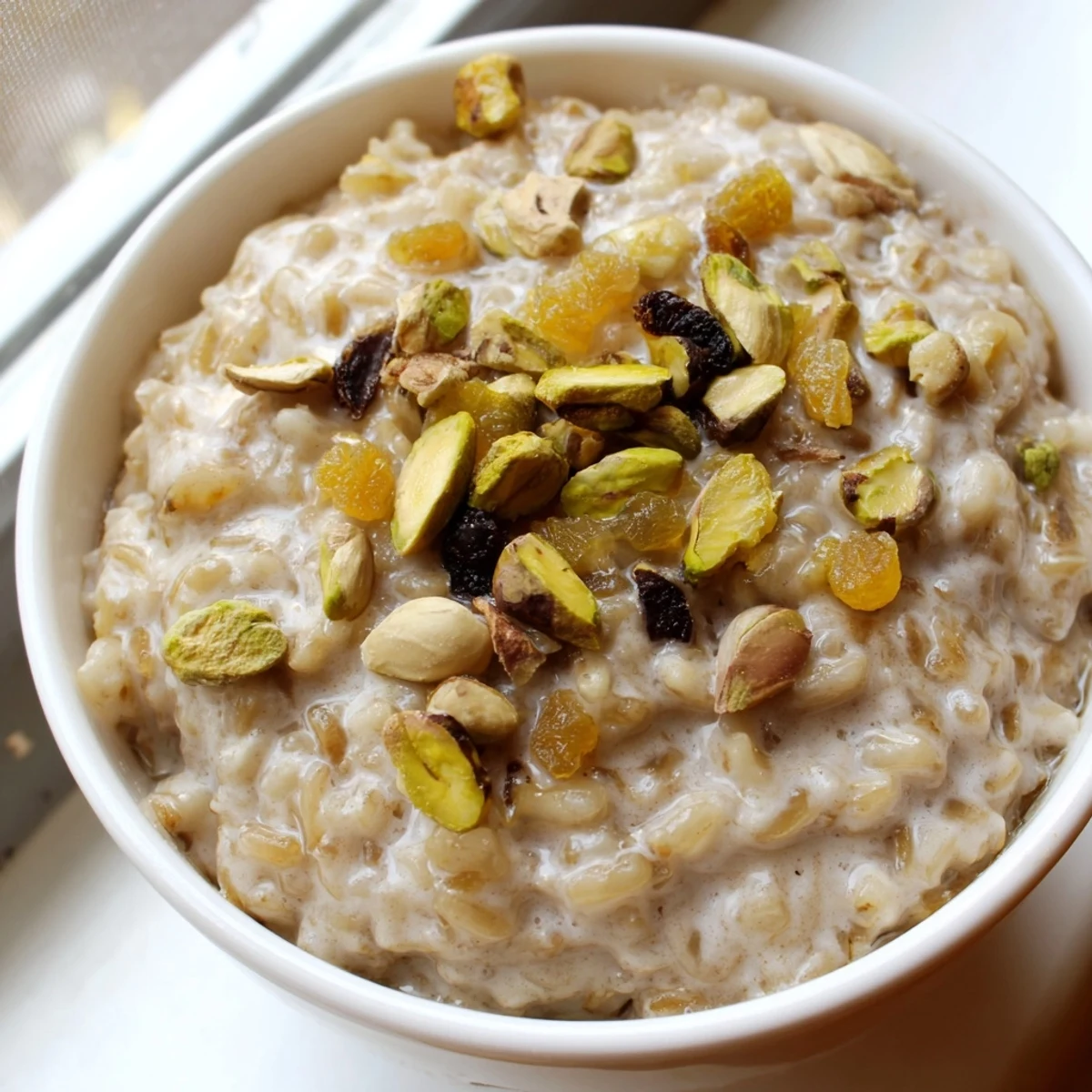 Creamy warm chai spiced rice pudding topped with sliced almonds in a rustic ceramic bowl.