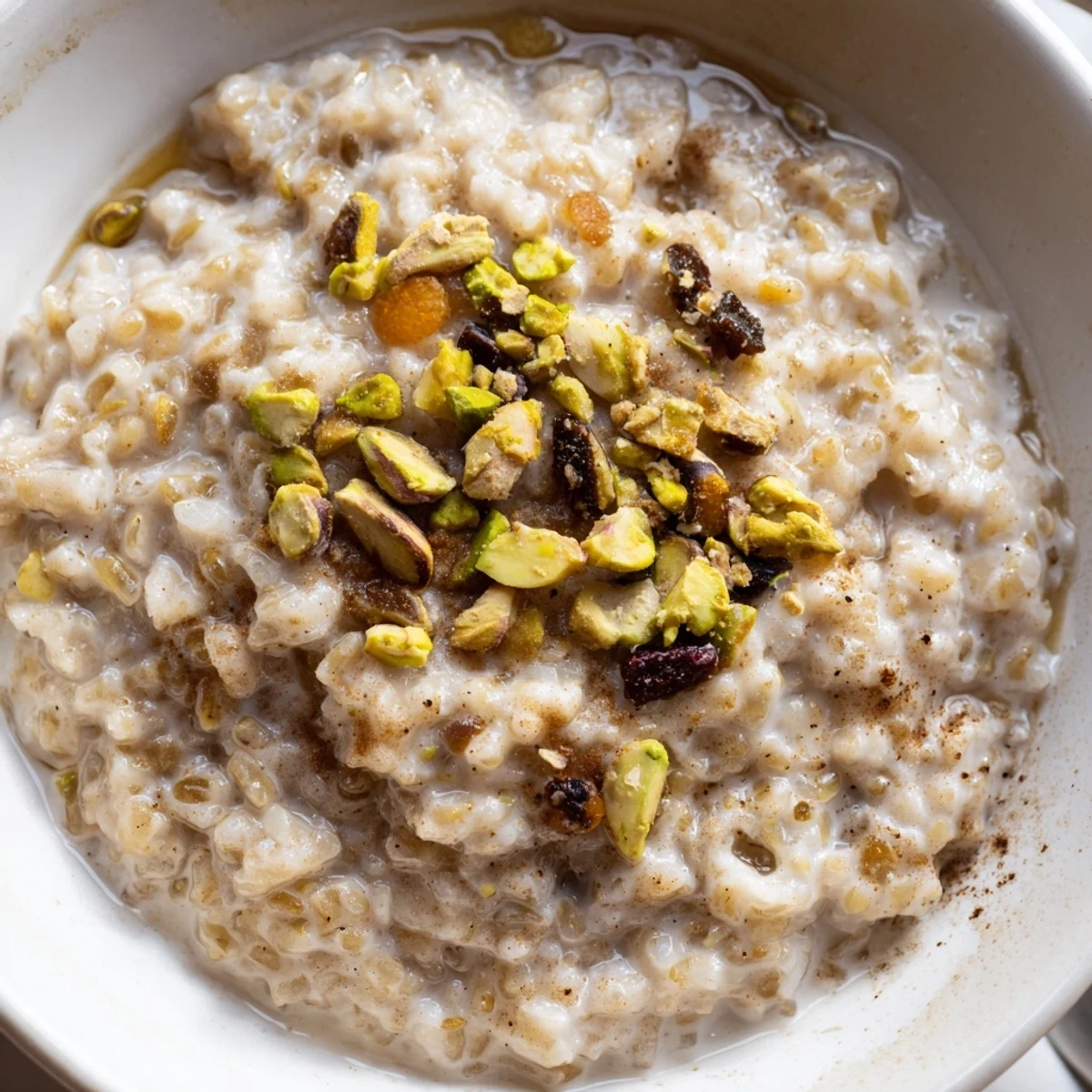 A cozy spoonful of chai spiced rice pudding reveals cardamom and cinnamon steam.