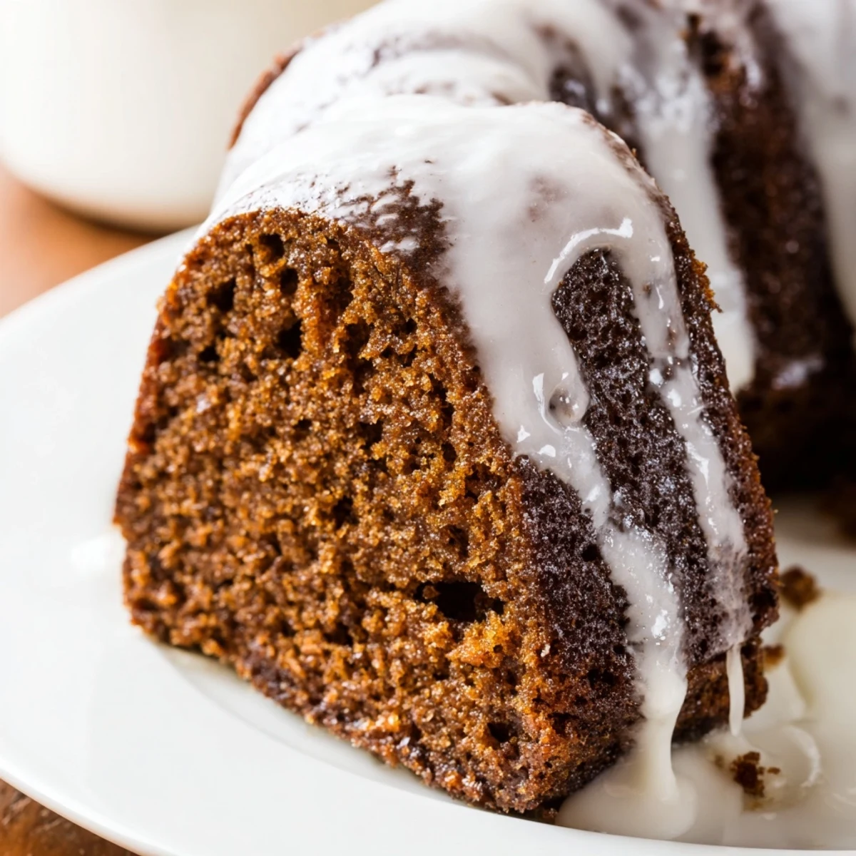 Freshly glazed Gingerbread Spiced Bundt Cake sitting on a wire rack with drips on the sides.