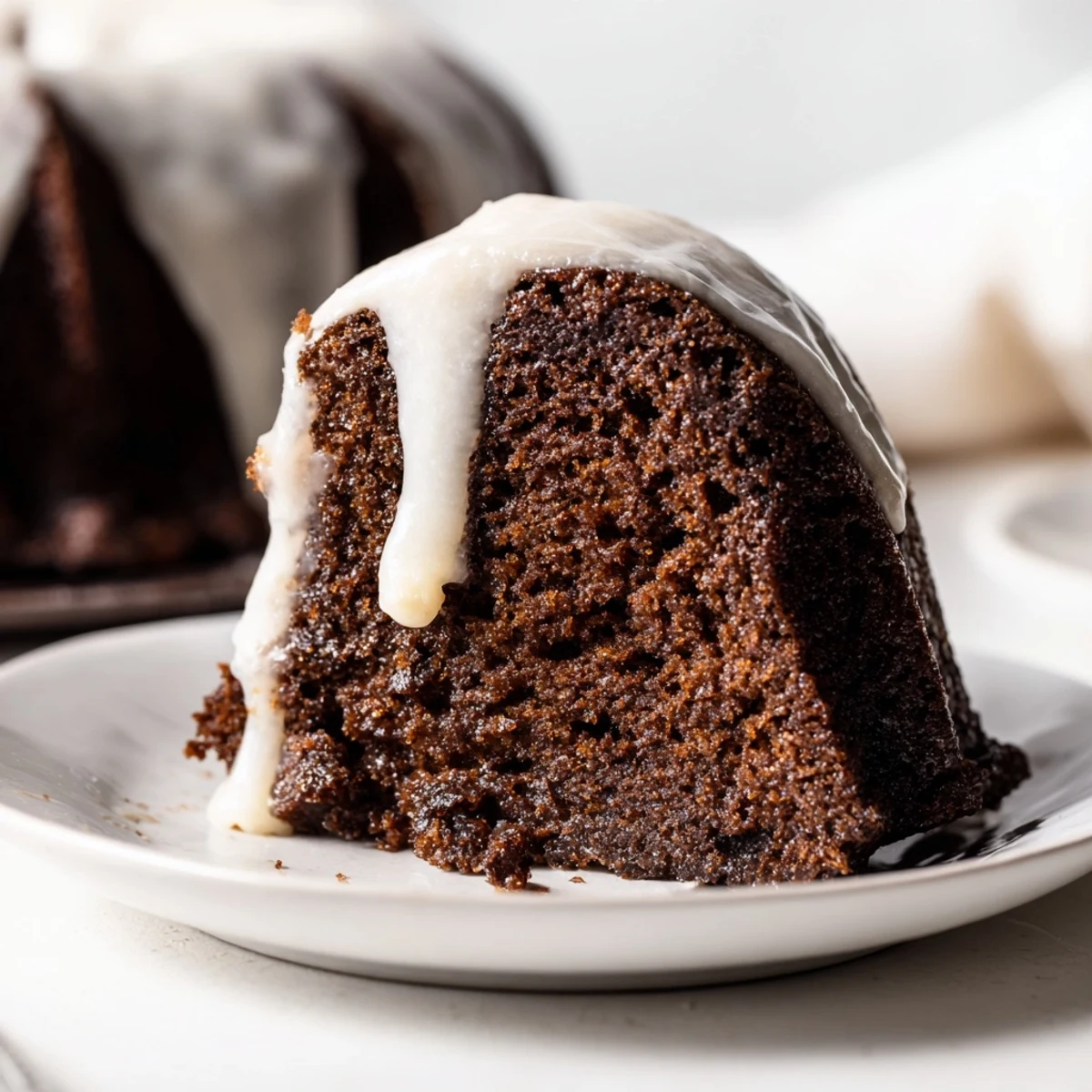 A moist Gingerbread Spiced Bundt Cake drizzled with vanilla glaze, sliced to reveal its tender crumb.