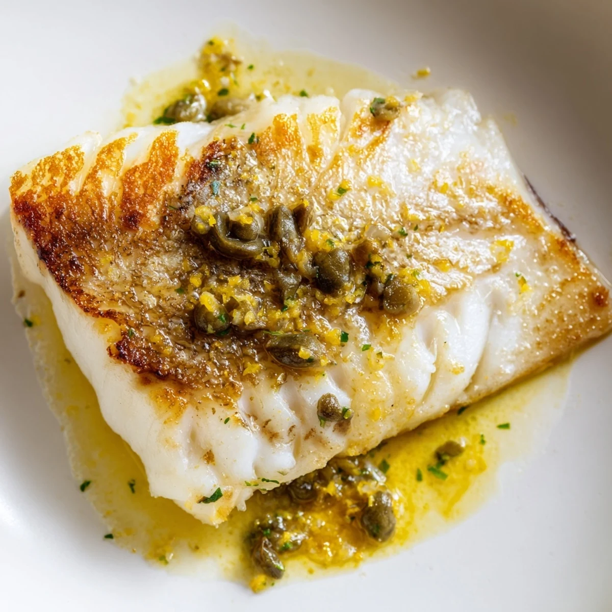 Seared sea bass fillets served with lemon caper butter sauce over sautéed spinach and roasted potatoes.